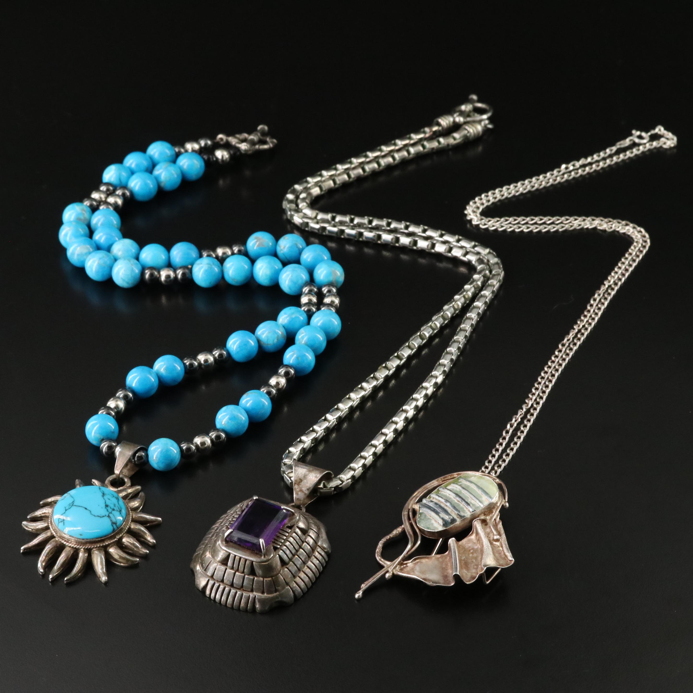 Roman Style Glass, Sterling and Amethyst Featured in Necklace Trio