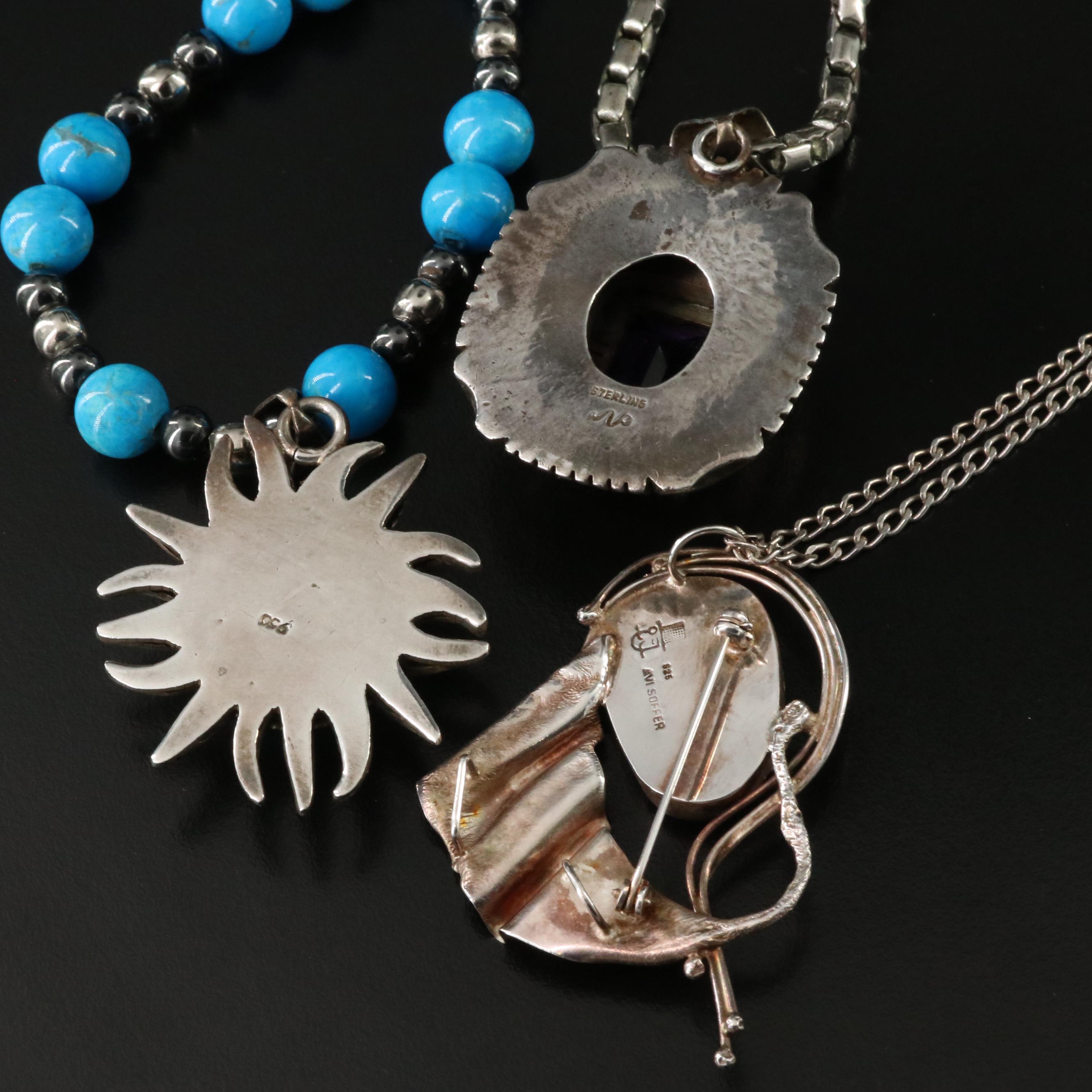 Roman Style Glass, Sterling and Amethyst Featured in Necklace Trio