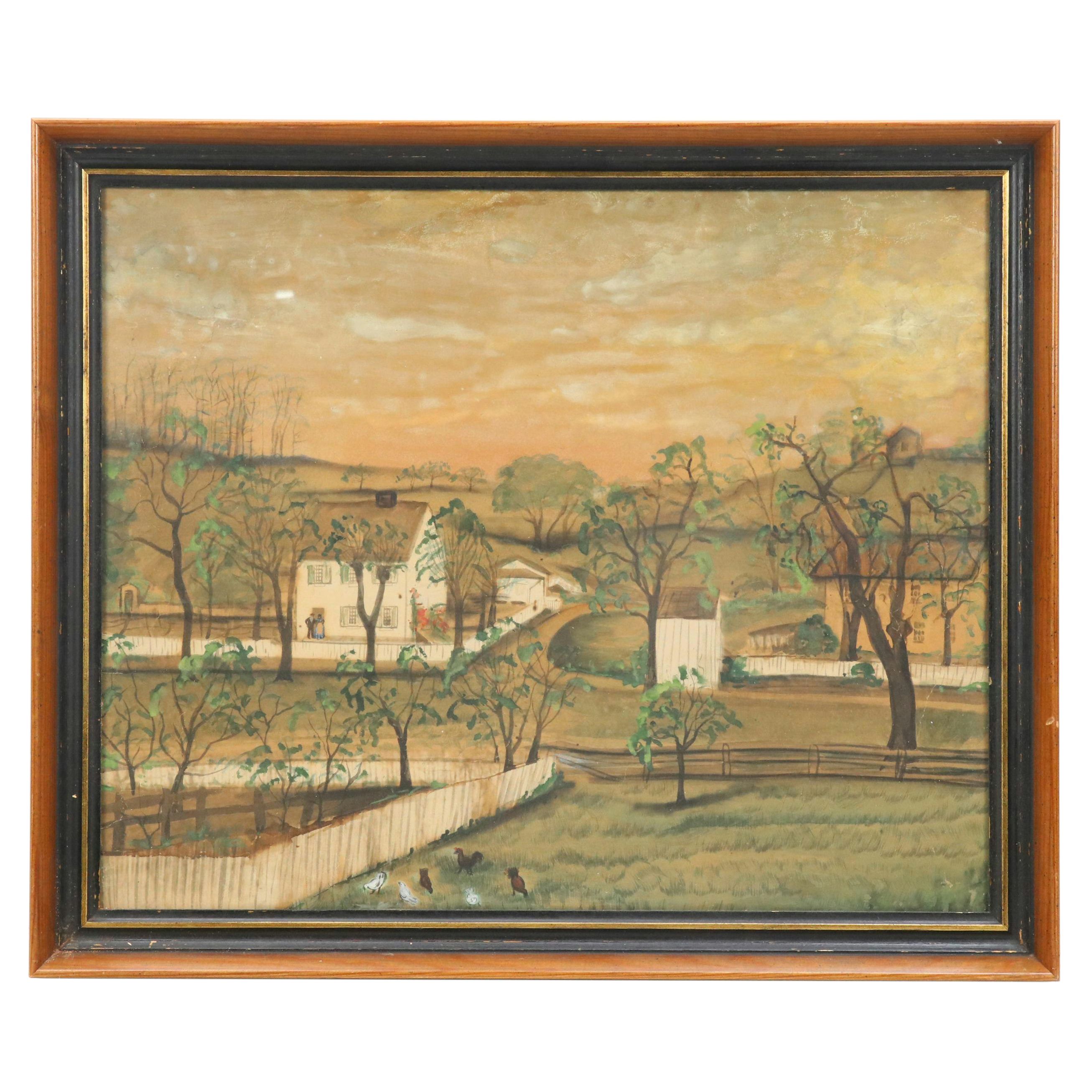 American Farm Scene Gouache Folk Painting, Late 19th Century