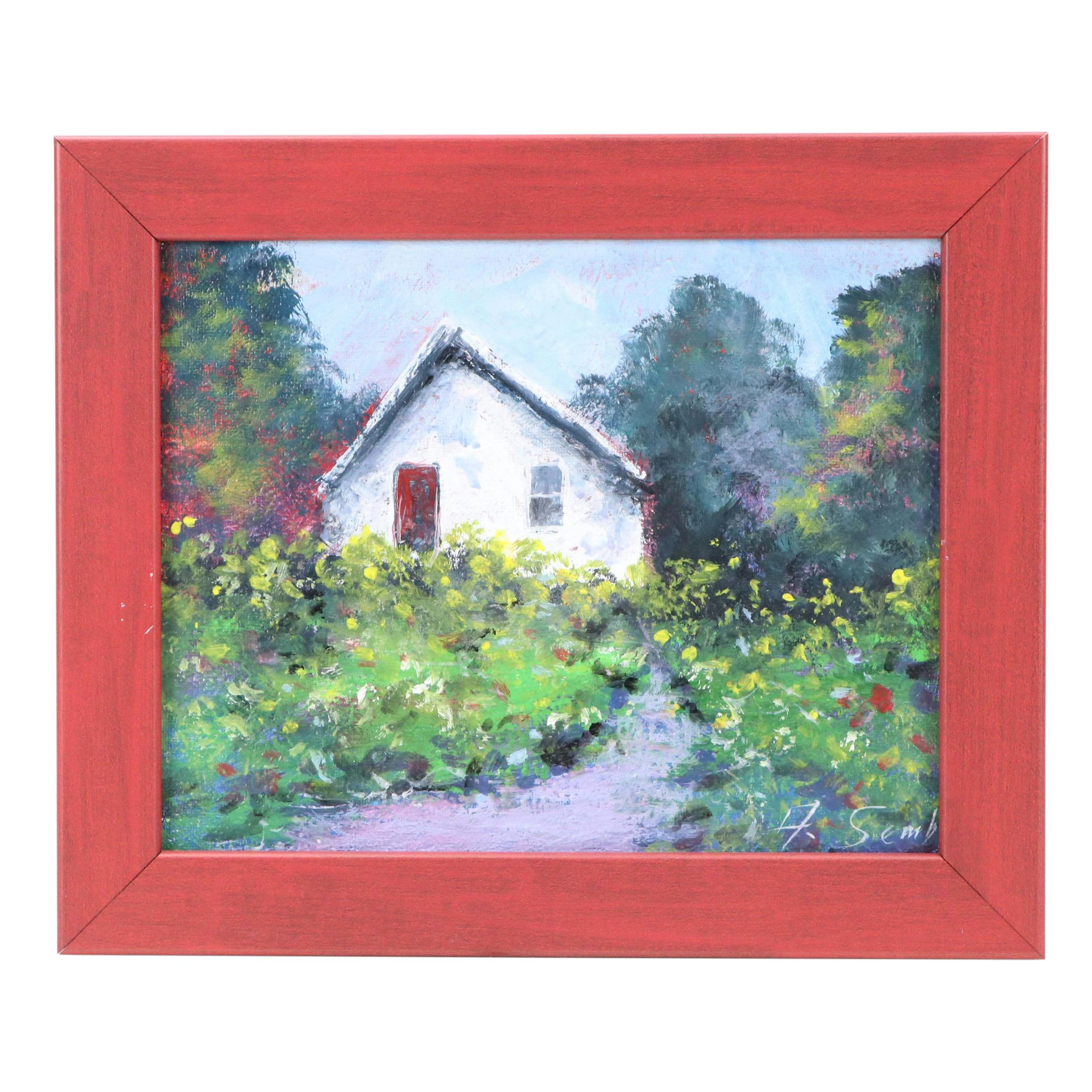 Landscape Acrylic Painting of Cottage in Flowering Garden