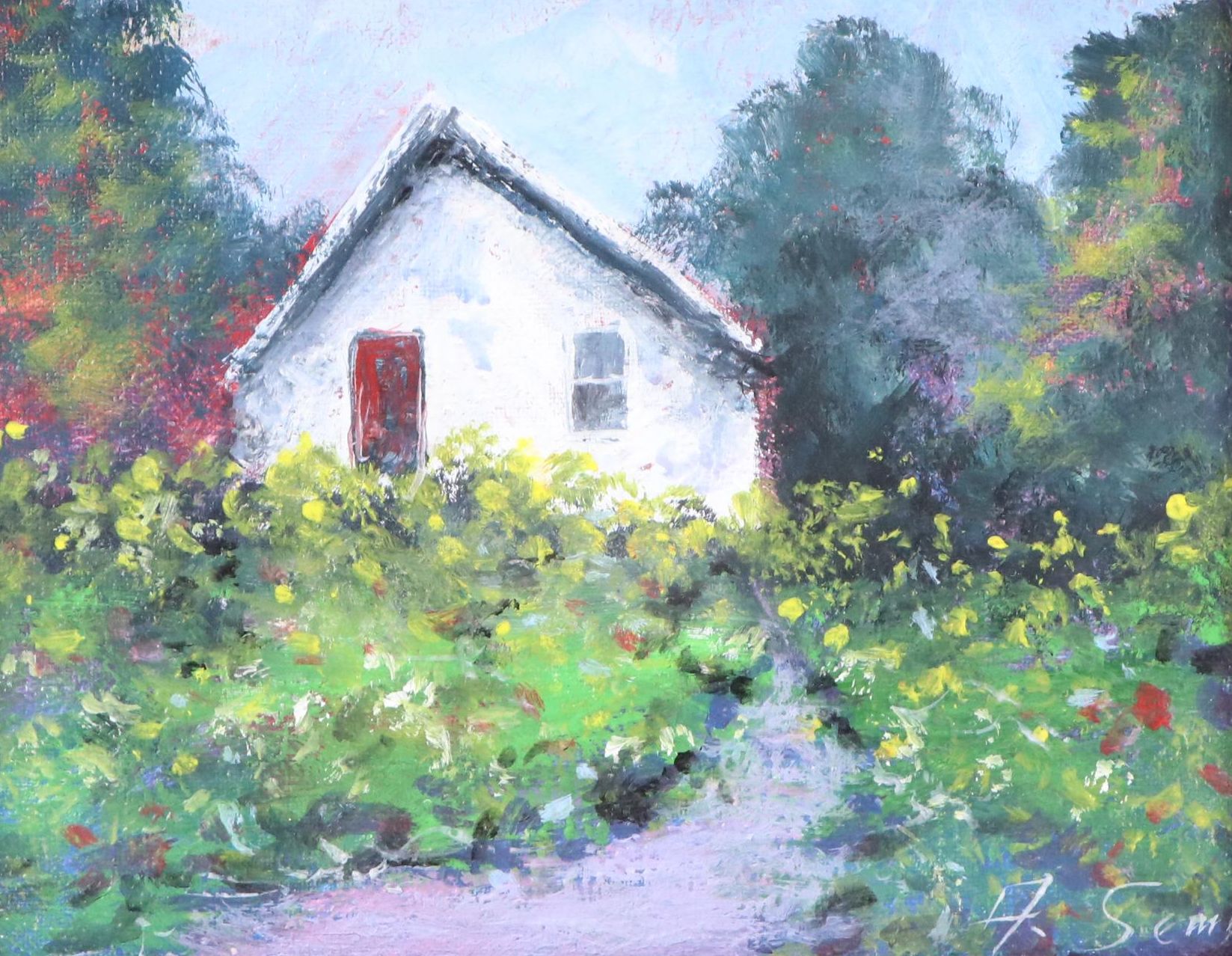 Landscape Acrylic Painting of Cottage in Flowering Garden