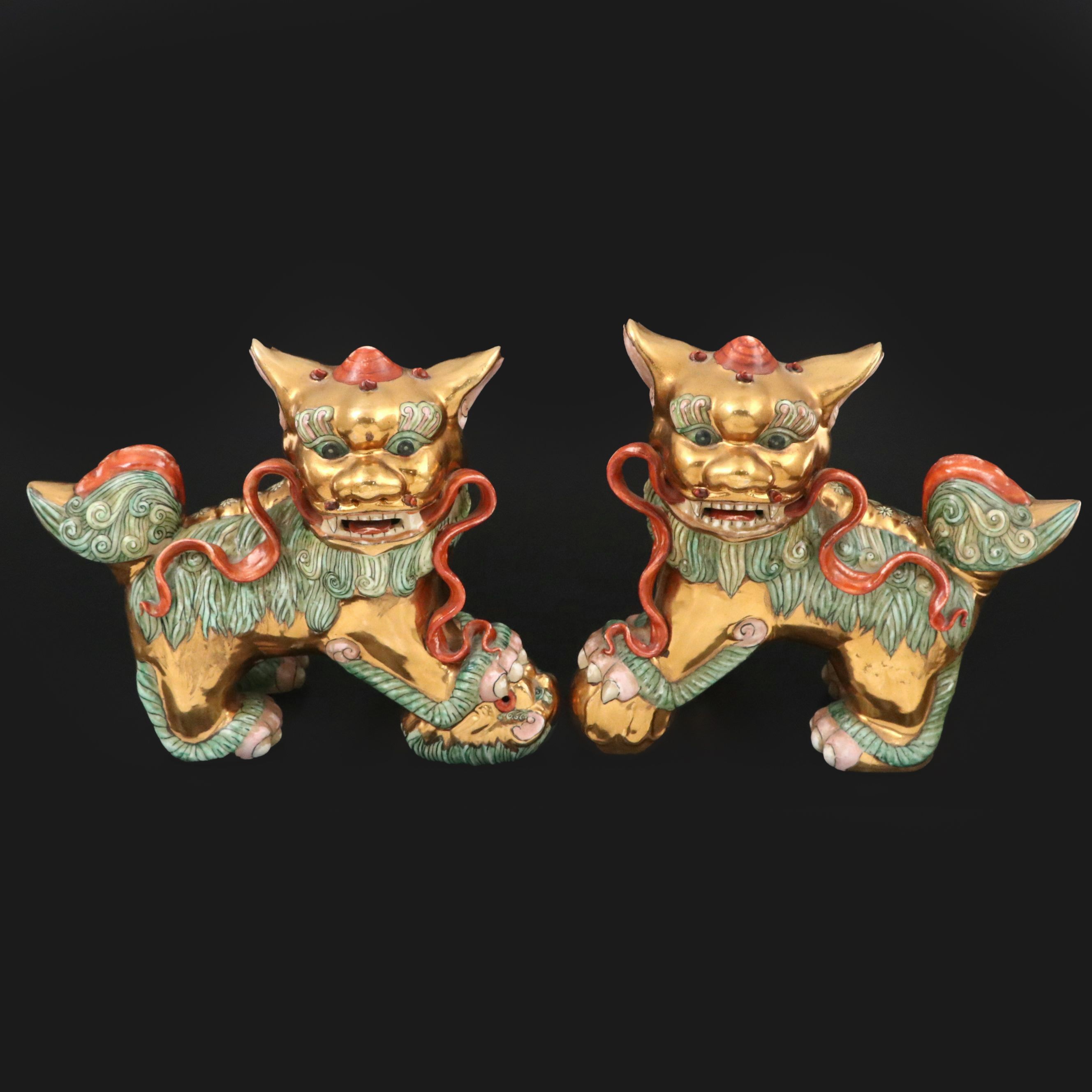 Pair of Japanese Ceramic Guardian Lions, 20th Century