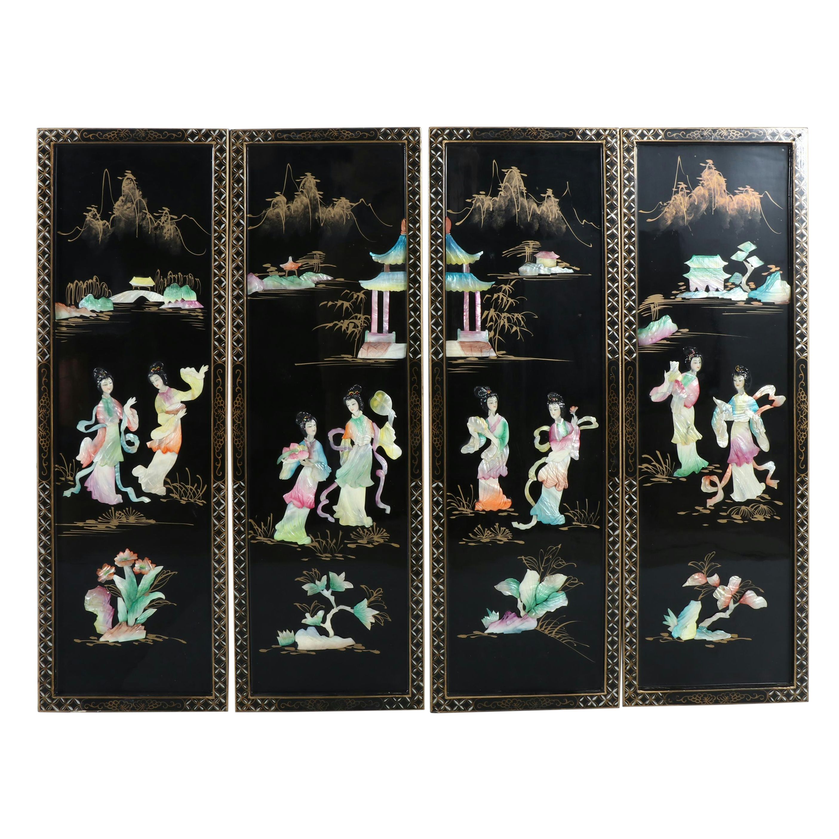 Chinese Lacquer Panels of Beauties in a Traditional Landscape