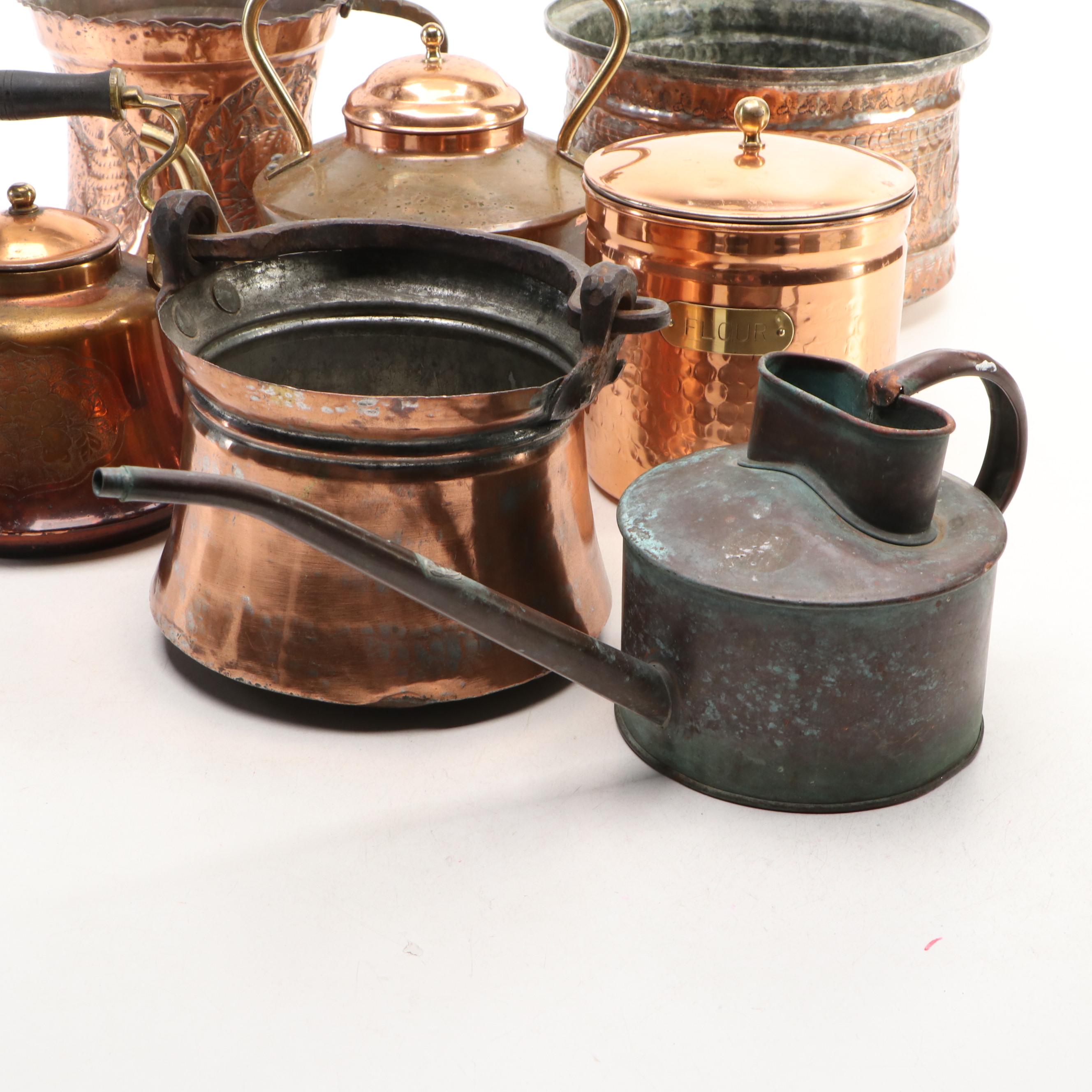 Persian Style Hammered Tined Copper Tankard and Bowl with Other Decor