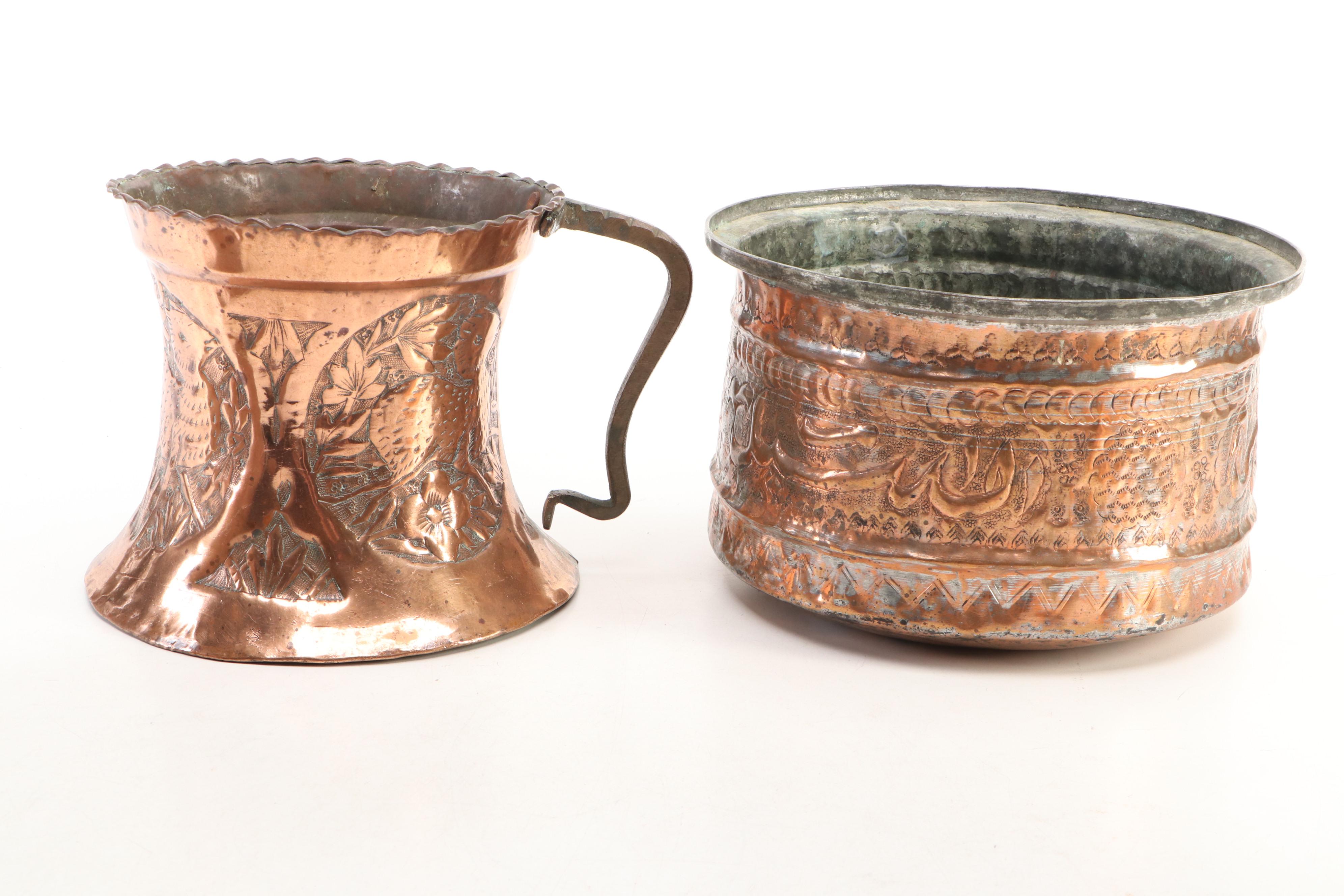 Persian Style Hammered Tined Copper Tankard and Bowl with Other Decor