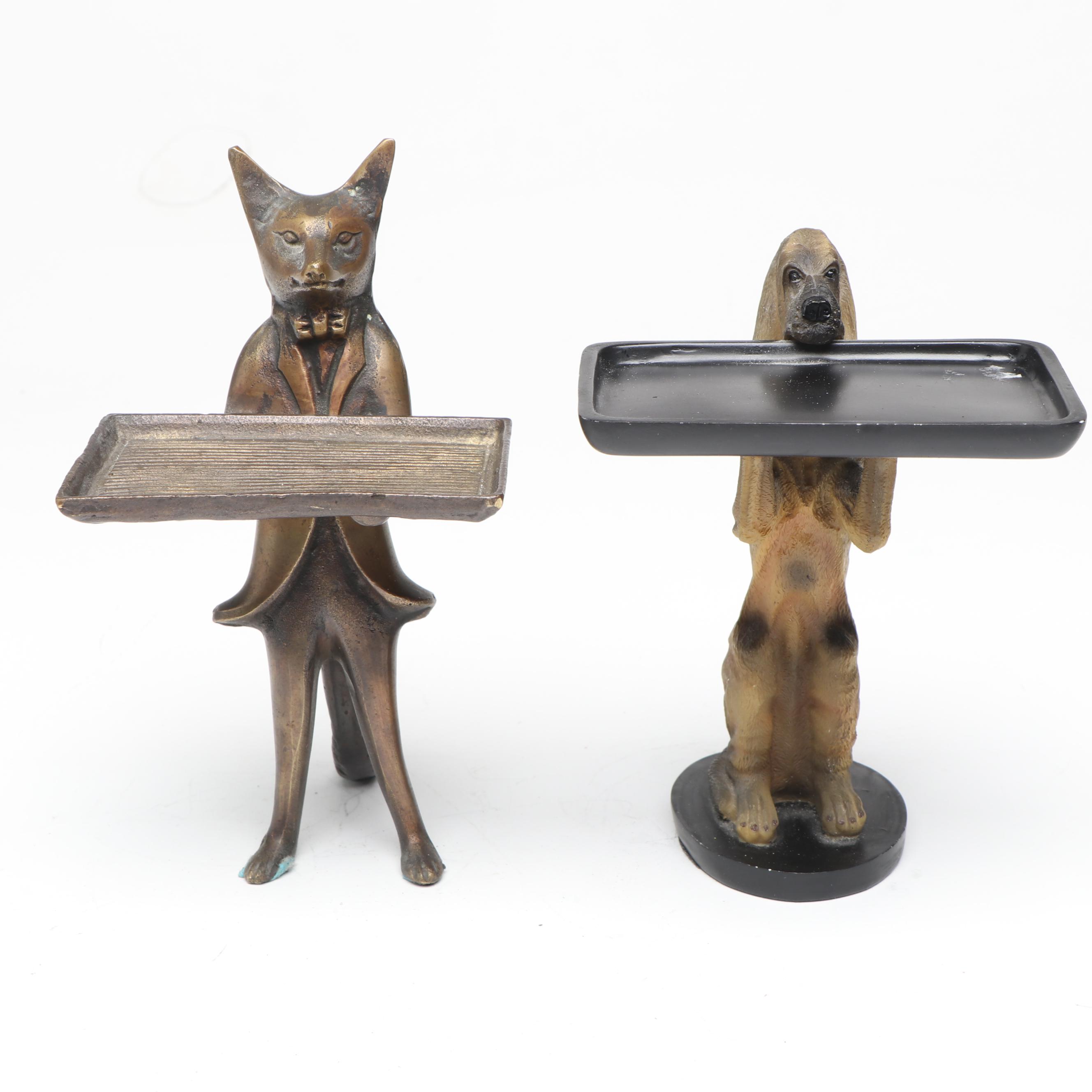 Bronzed Metal Fox and Composite Bloodhound Card Holders with Horse Figurine