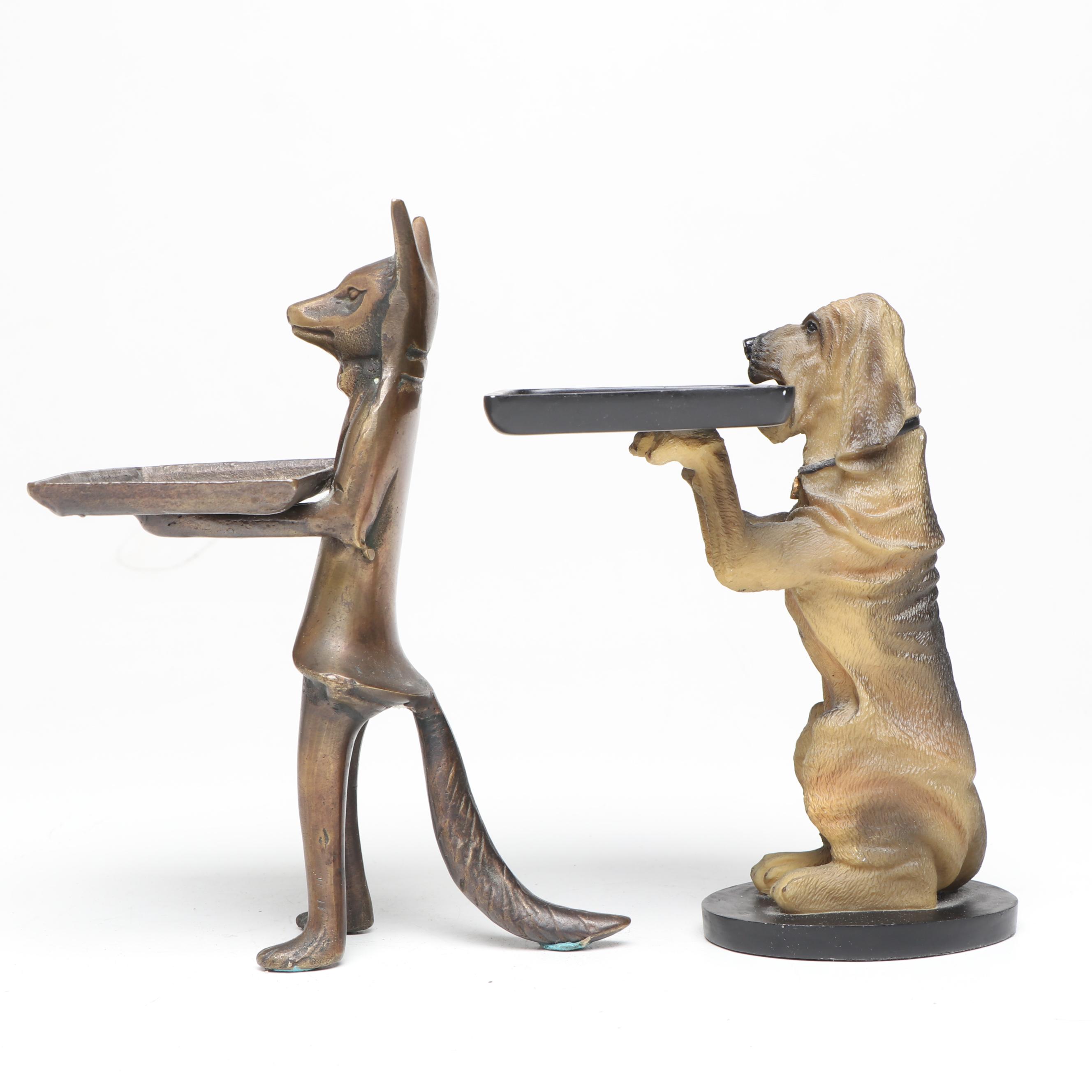 Bronzed Metal Fox and Composite Bloodhound Card Holders with Horse Figurine