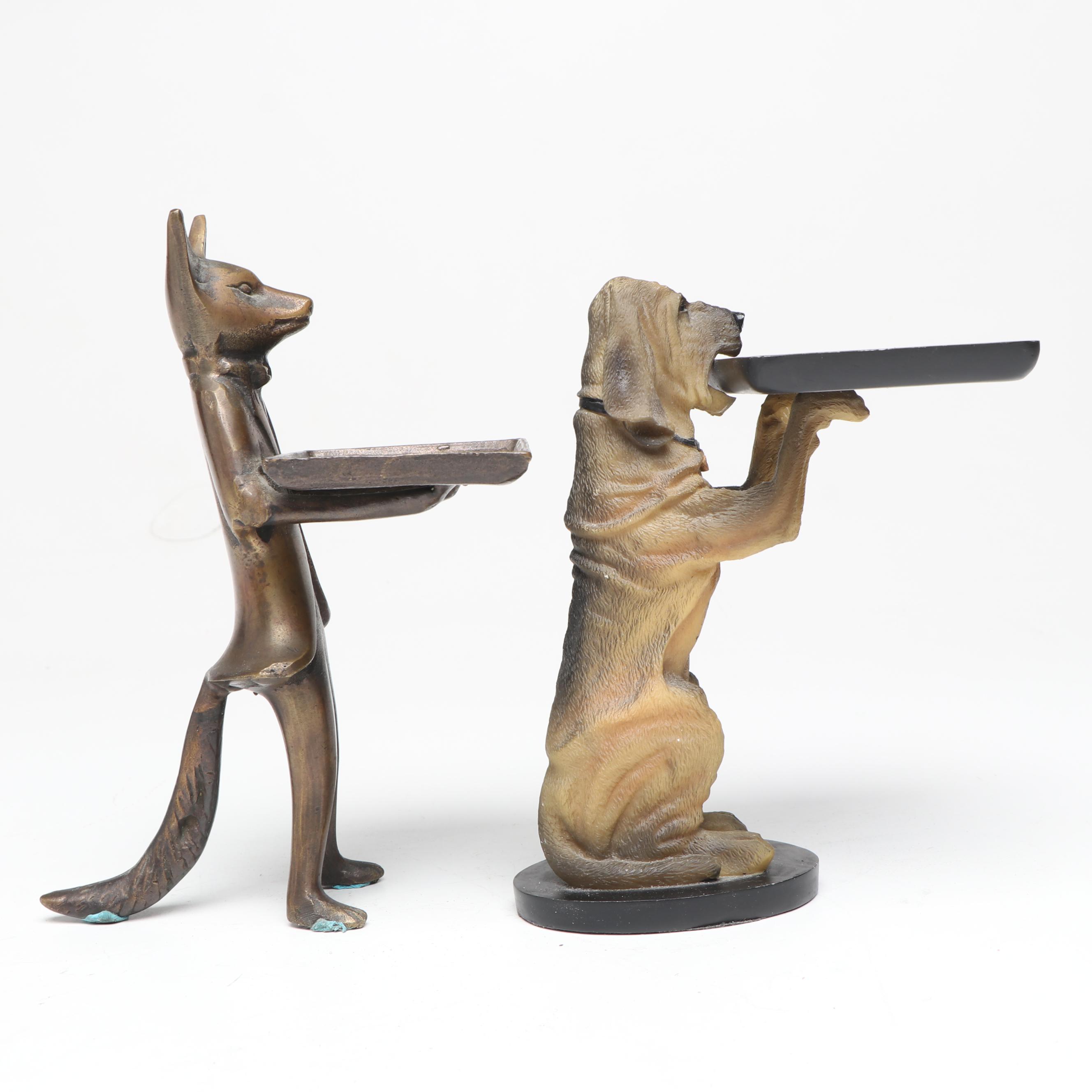 Bronzed Metal Fox and Composite Bloodhound Card Holders with Horse Figurine