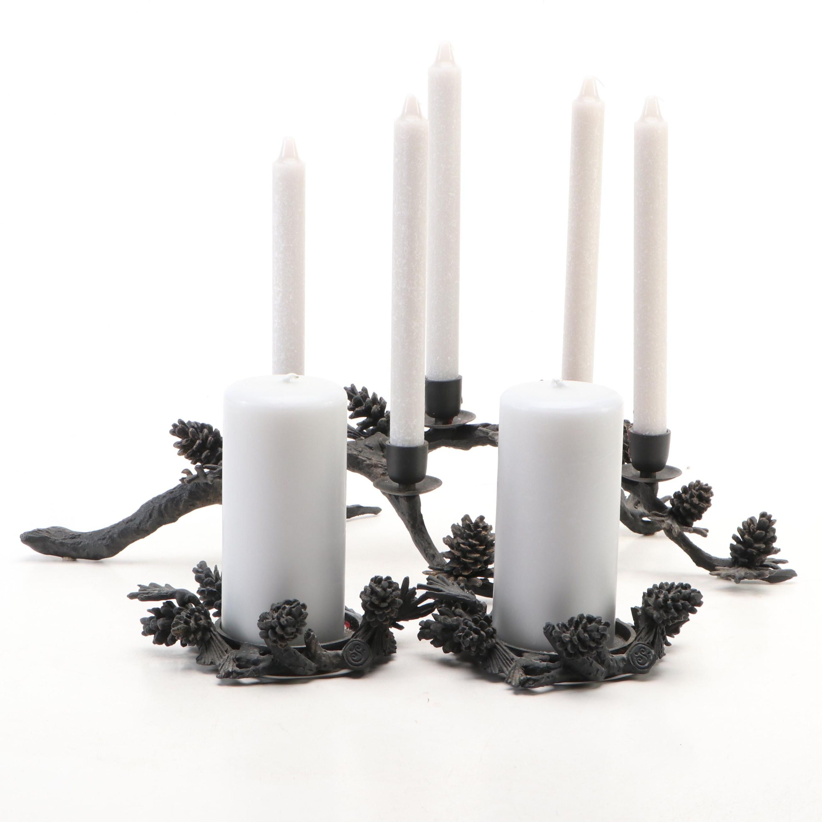 Contemporary Cast Metal Pine Cone Form Candle Holders with Candles