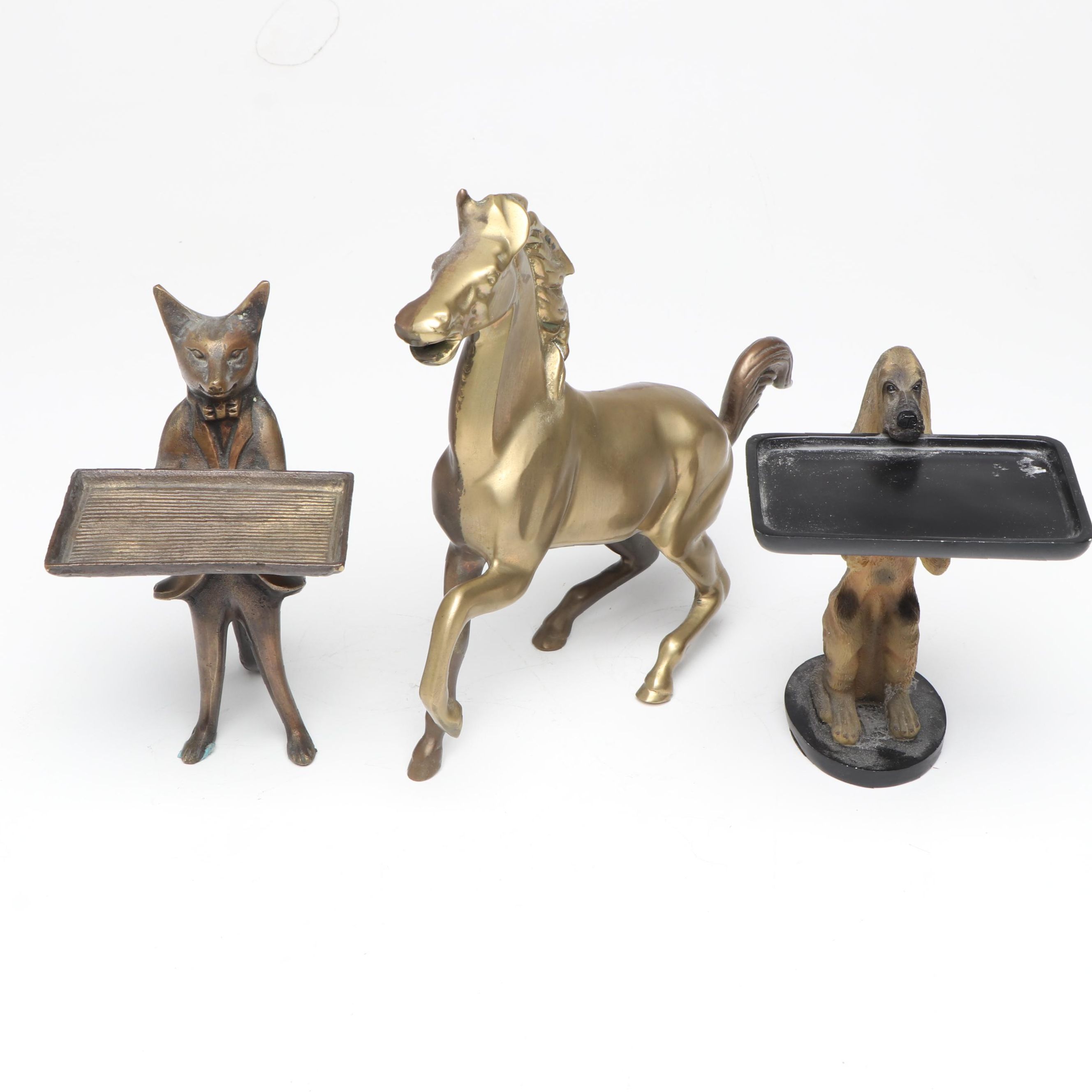 Bronzed Metal Fox and Composite Bloodhound Card Holders with Horse Figurine