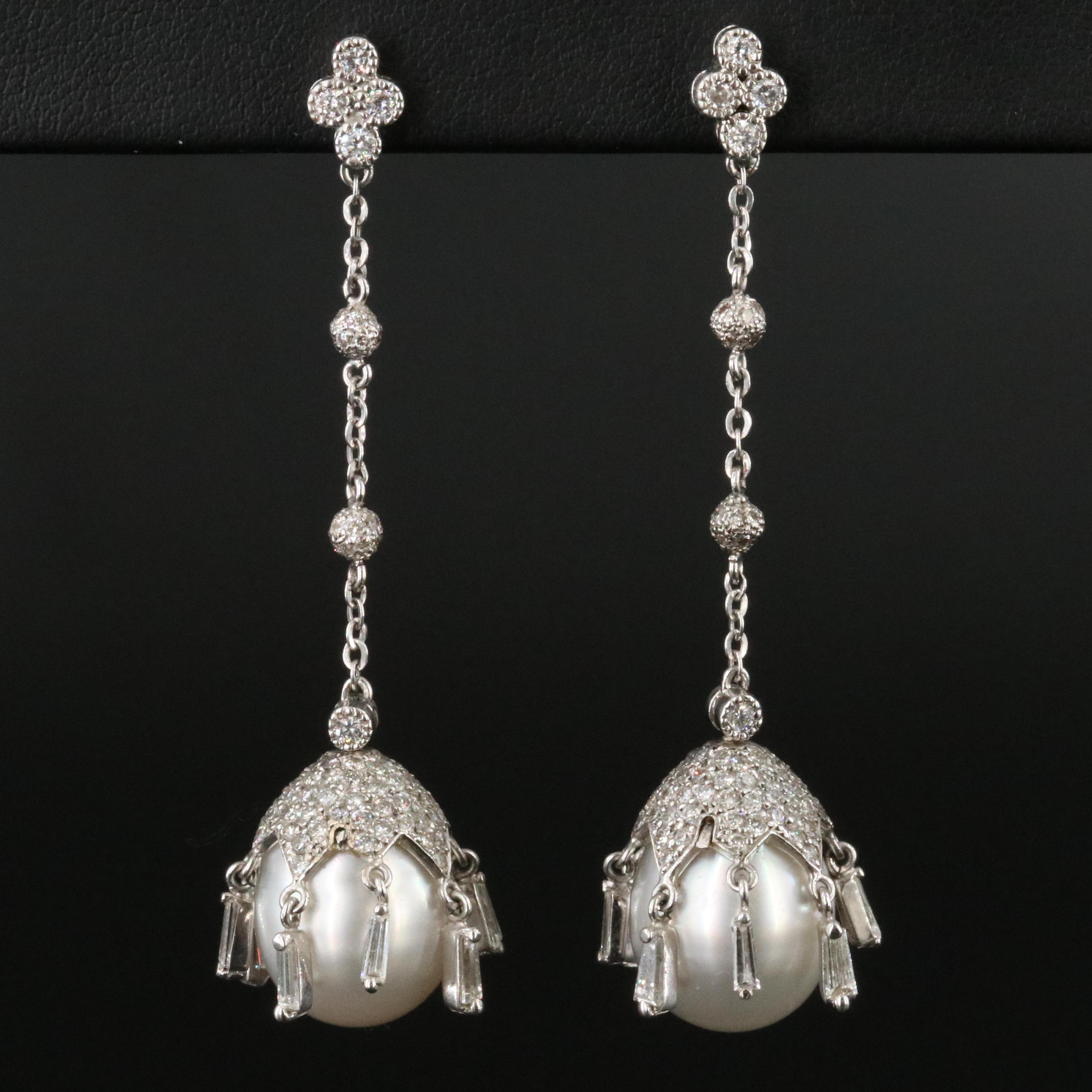 18K Pearl and 3.18 CTW Diamond Fringe Earrings