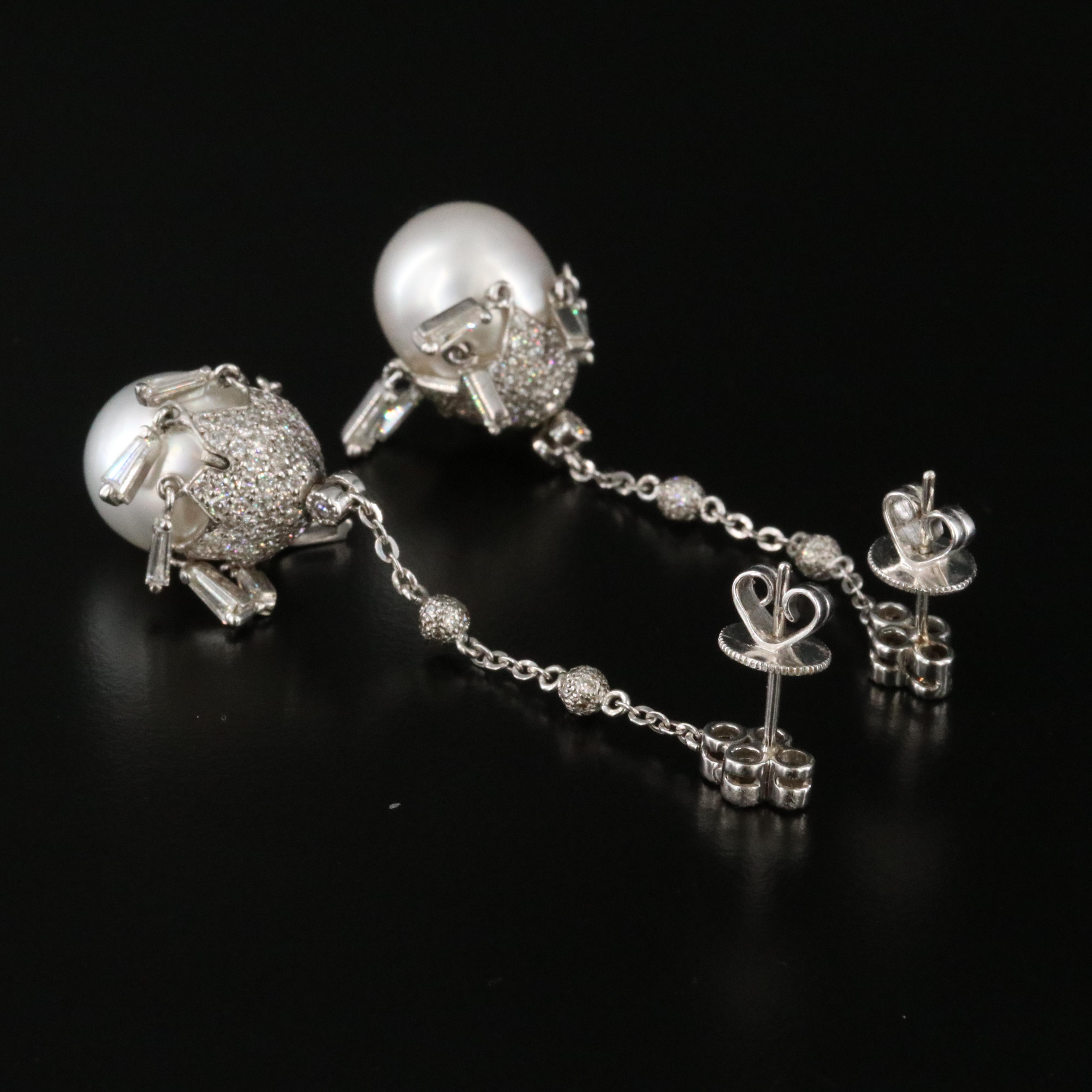 18K Pearl and 3.18 CTW Diamond Fringe Earrings