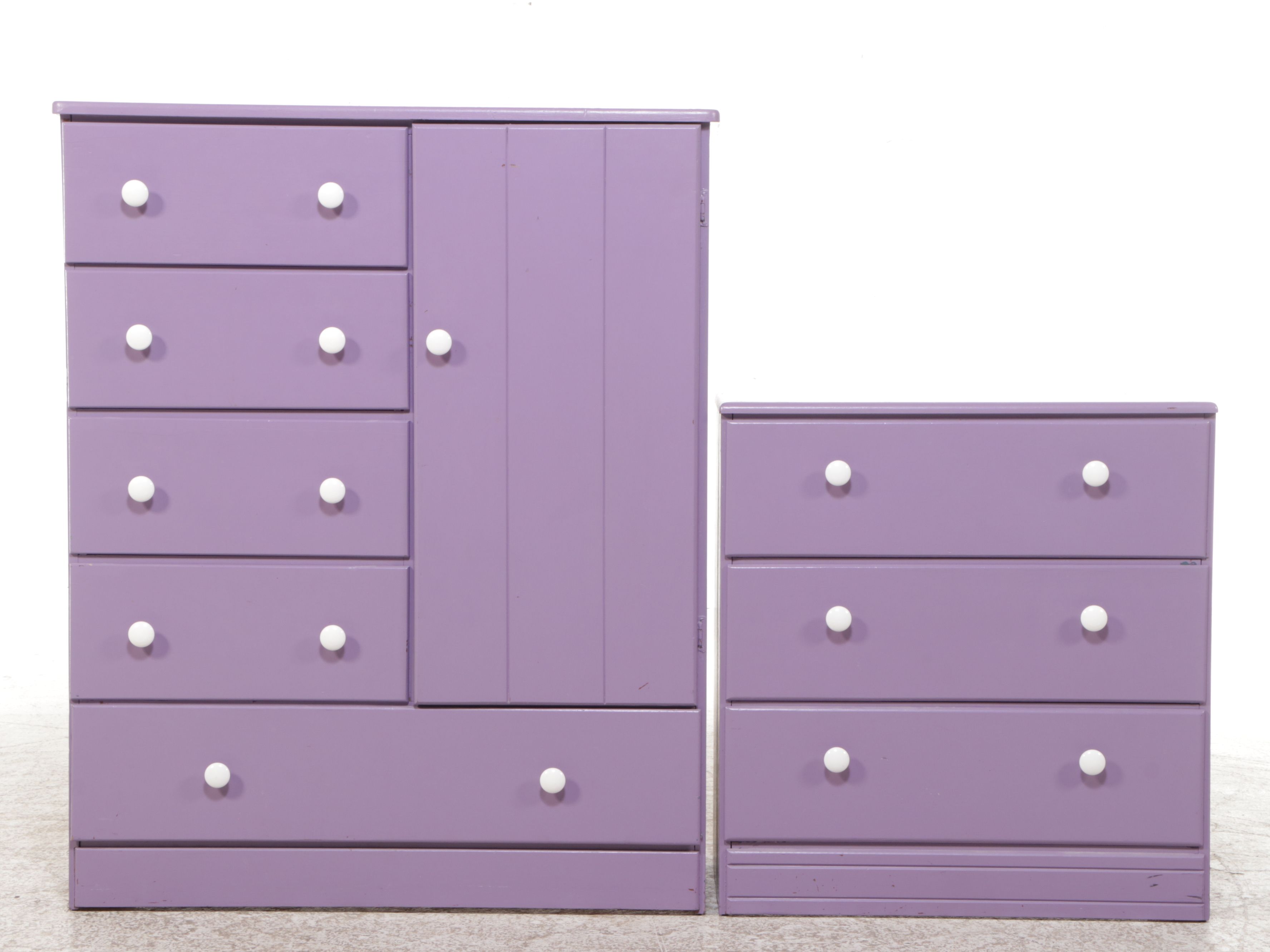 Painted Purple Child's Wardrobe and Three-Drawer Chest