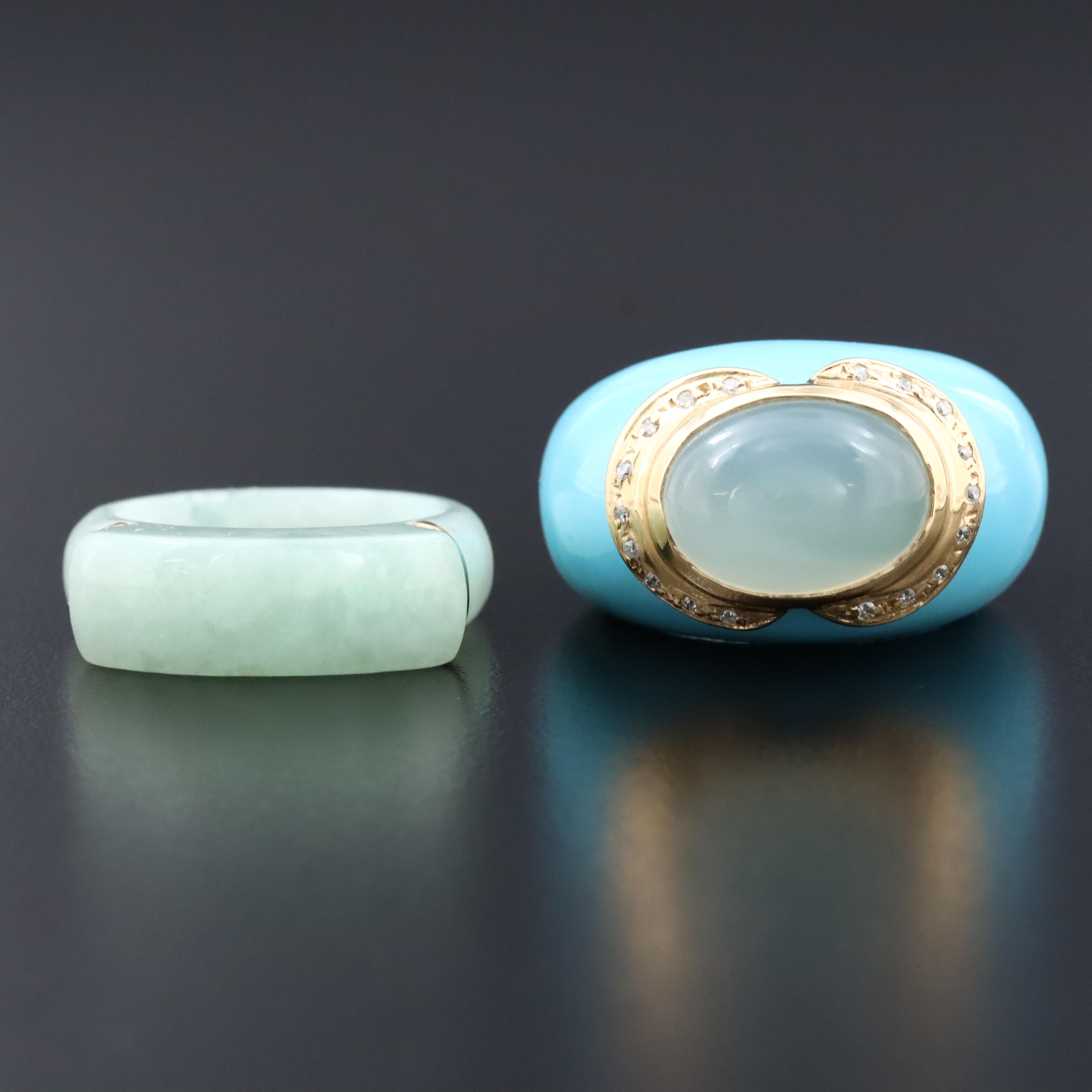 Jadeite and Imitation Turquoise Holilith Rings with 14K Accents and Diamond