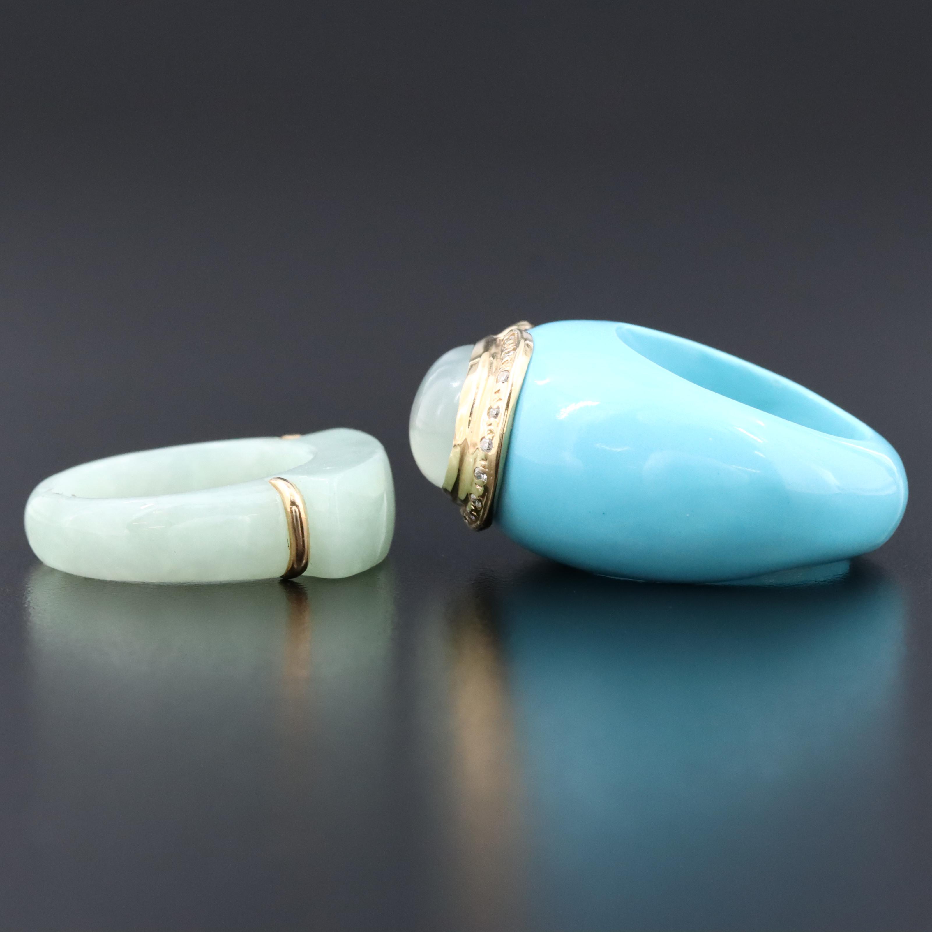 Jadeite and Imitation Turquoise Holilith Rings with 14K Accents and Diamond