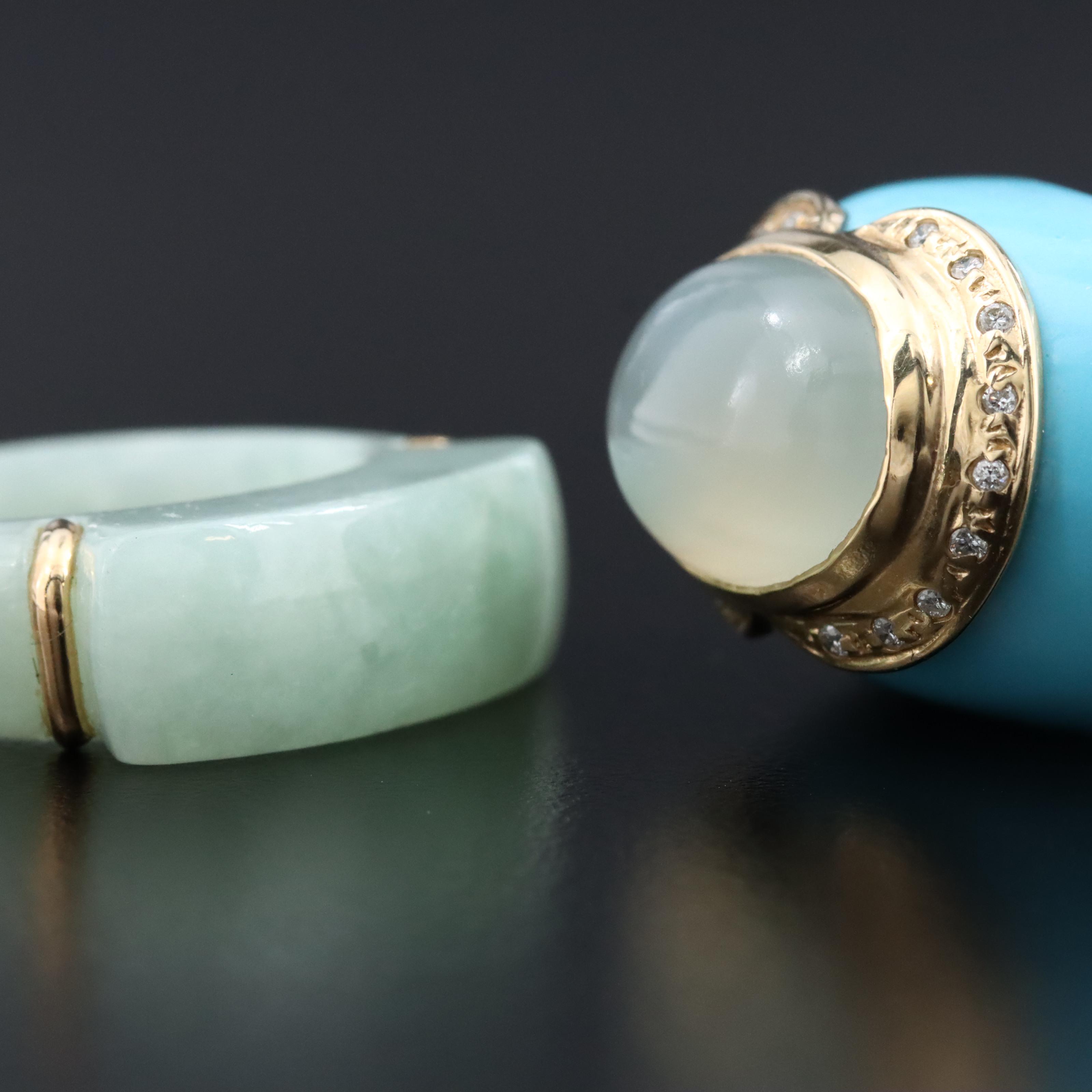 Jadeite and Imitation Turquoise Holilith Rings with 14K Accents and Diamond