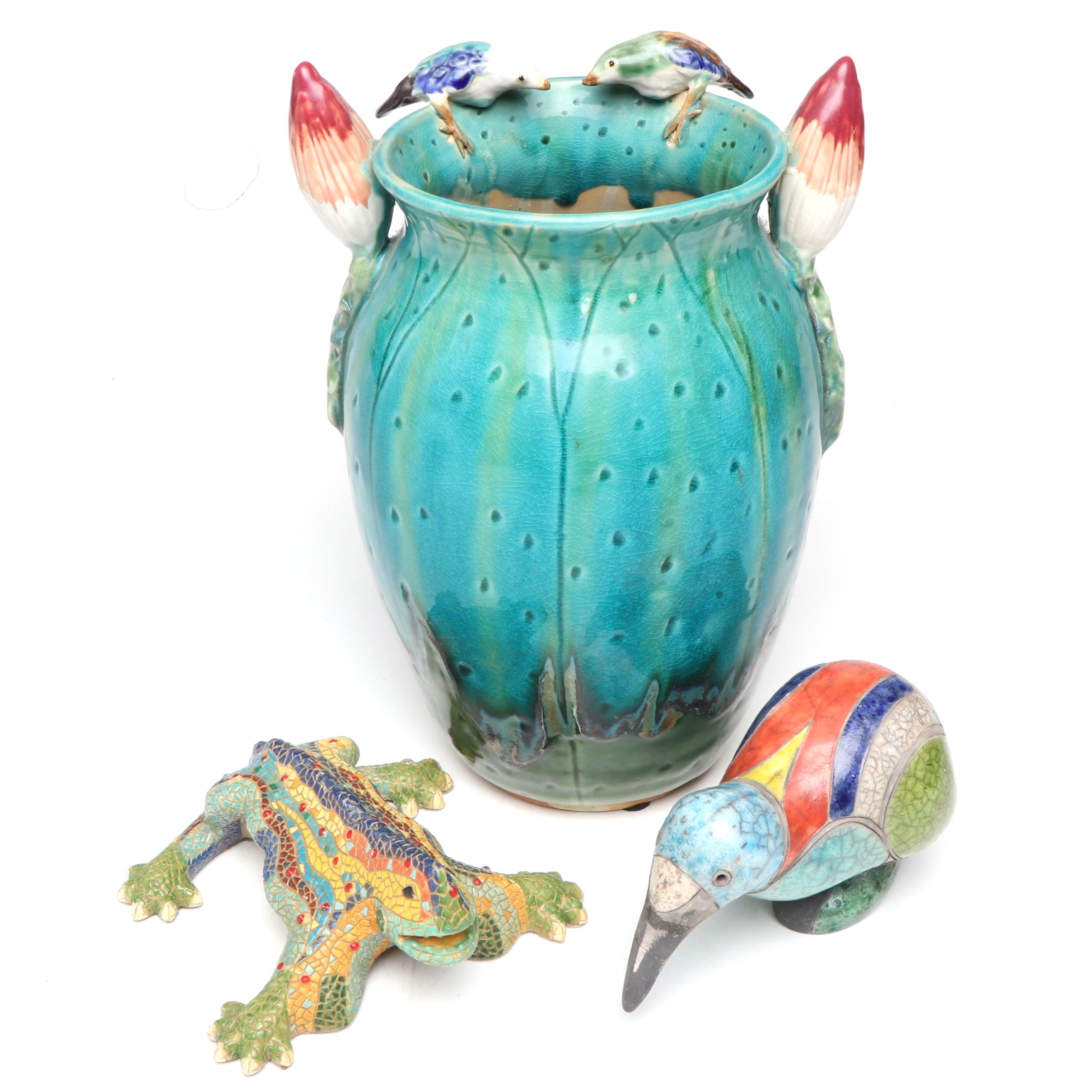 Majolica Style Ceramic Vase with Other Animal Figurines