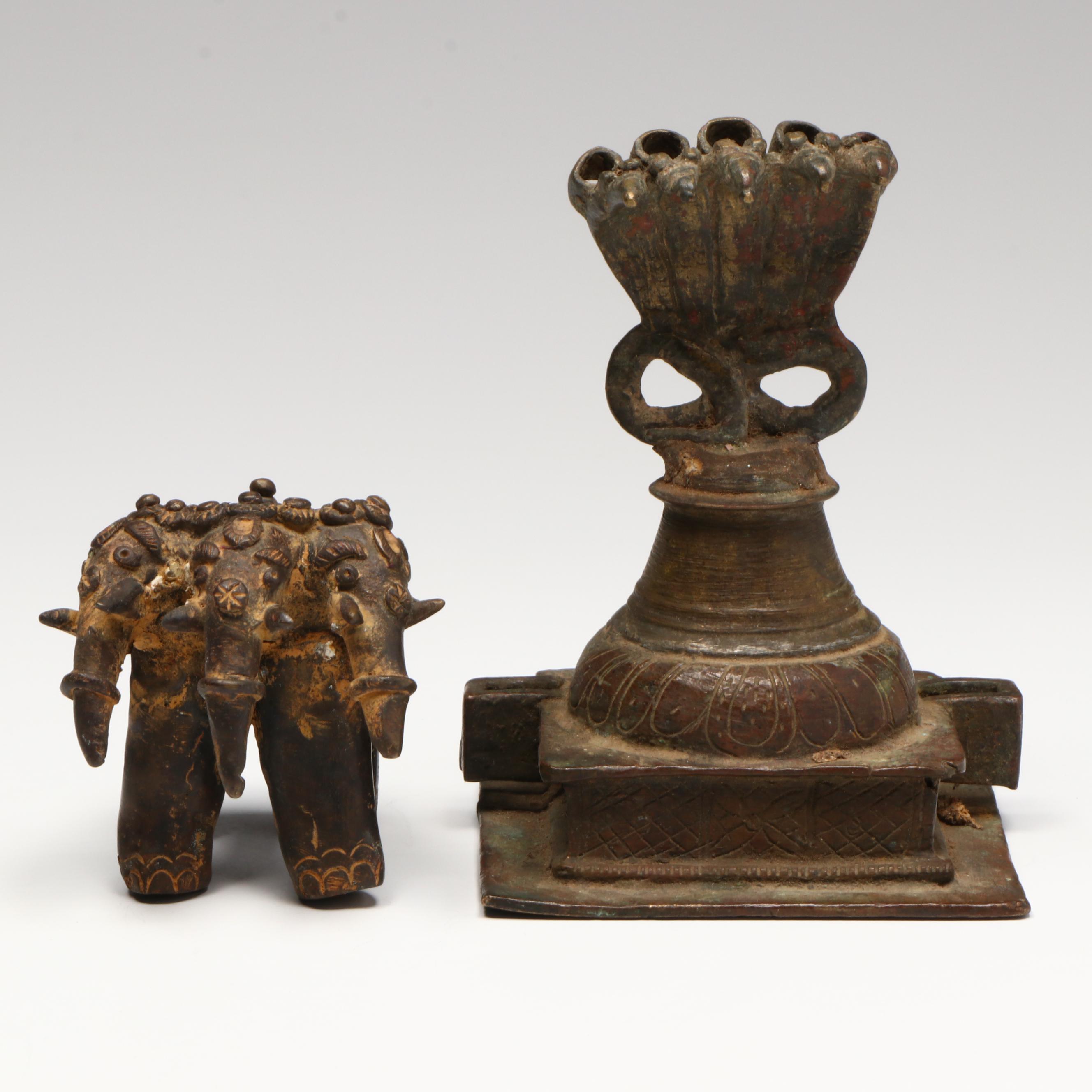 Indian Bronze Three Headed Elephant and Naga Altar, Circa 18th Century