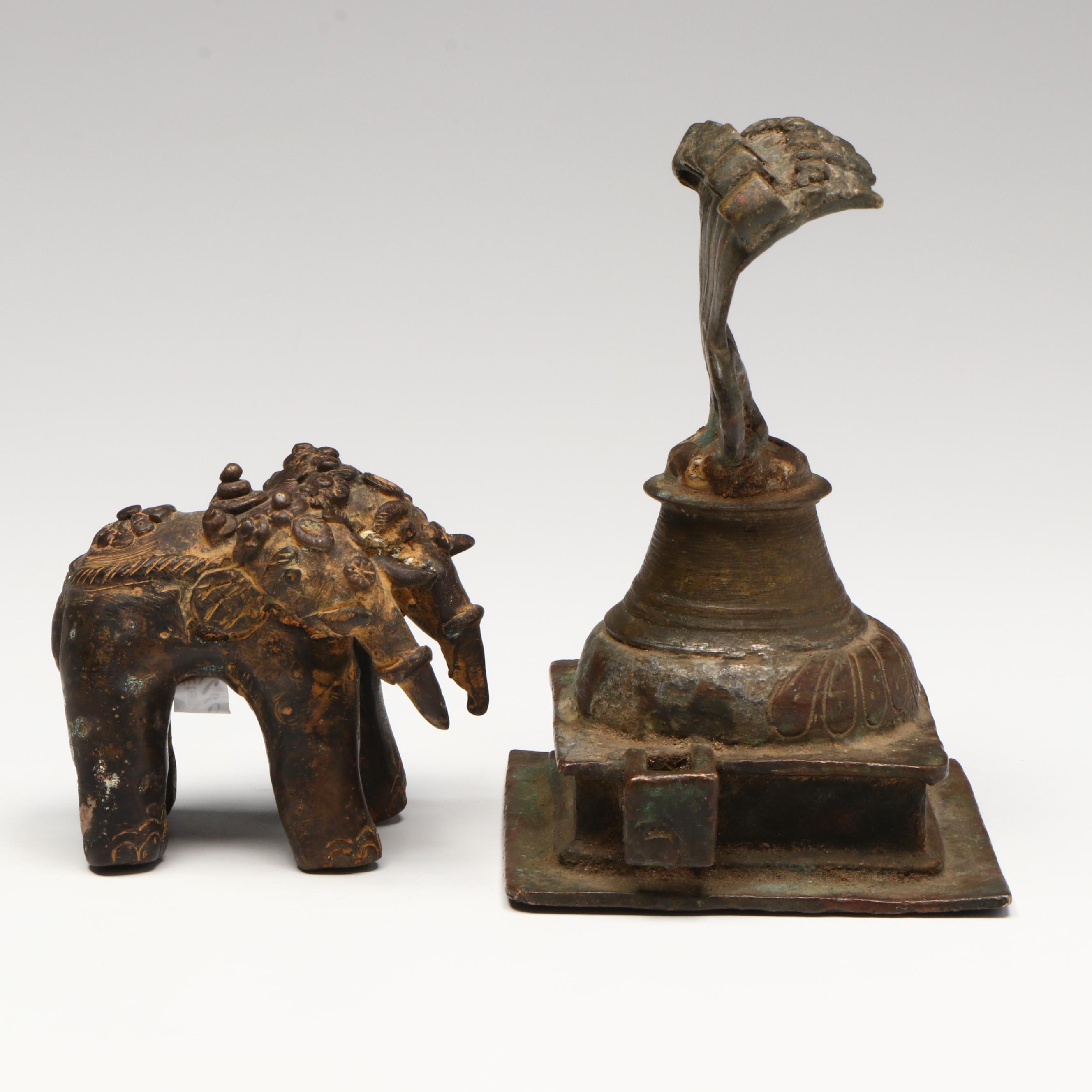 Indian Bronze Three Headed Elephant and Naga Altar, Circa 18th Century