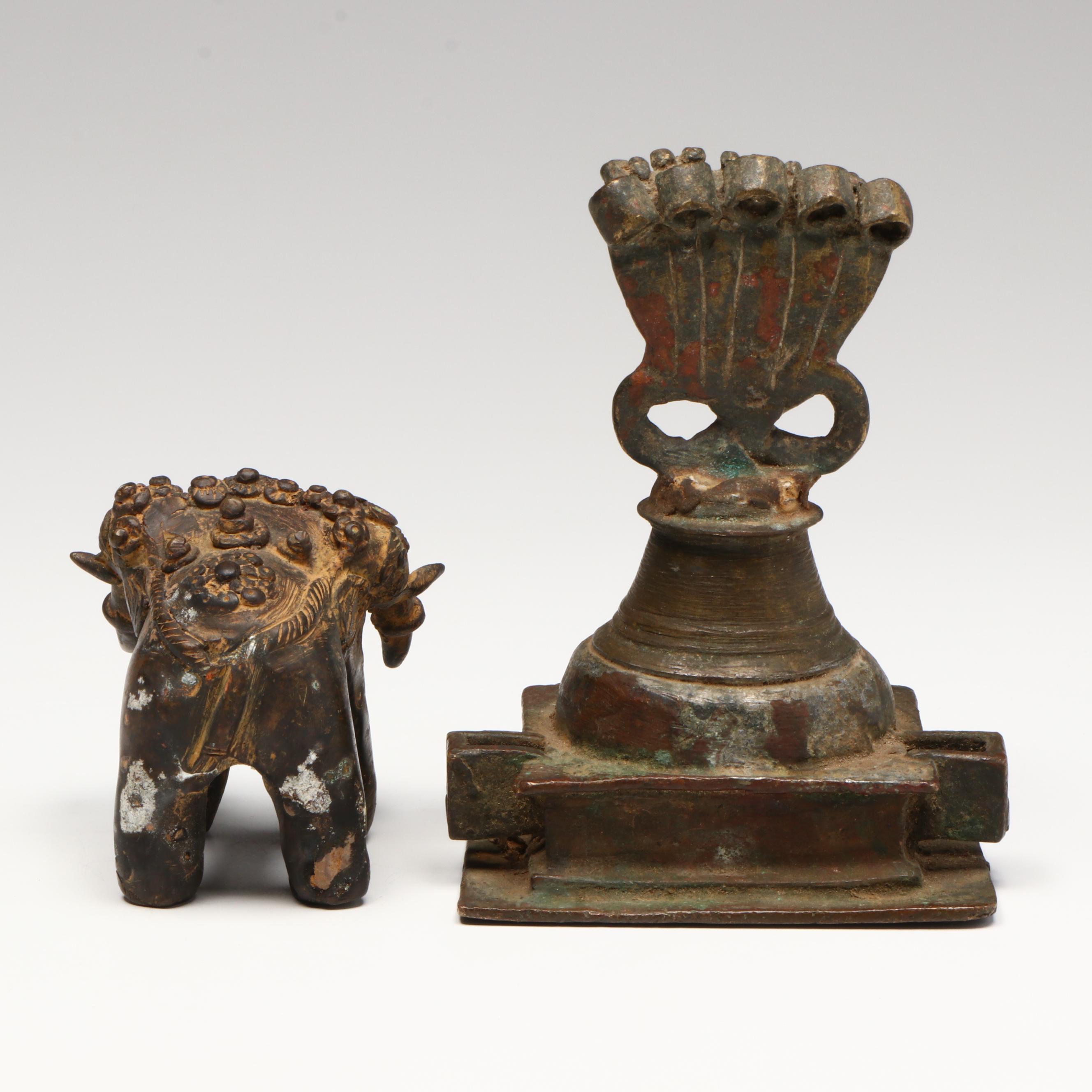 Indian Bronze Three Headed Elephant and Naga Altar, Circa 18th Century