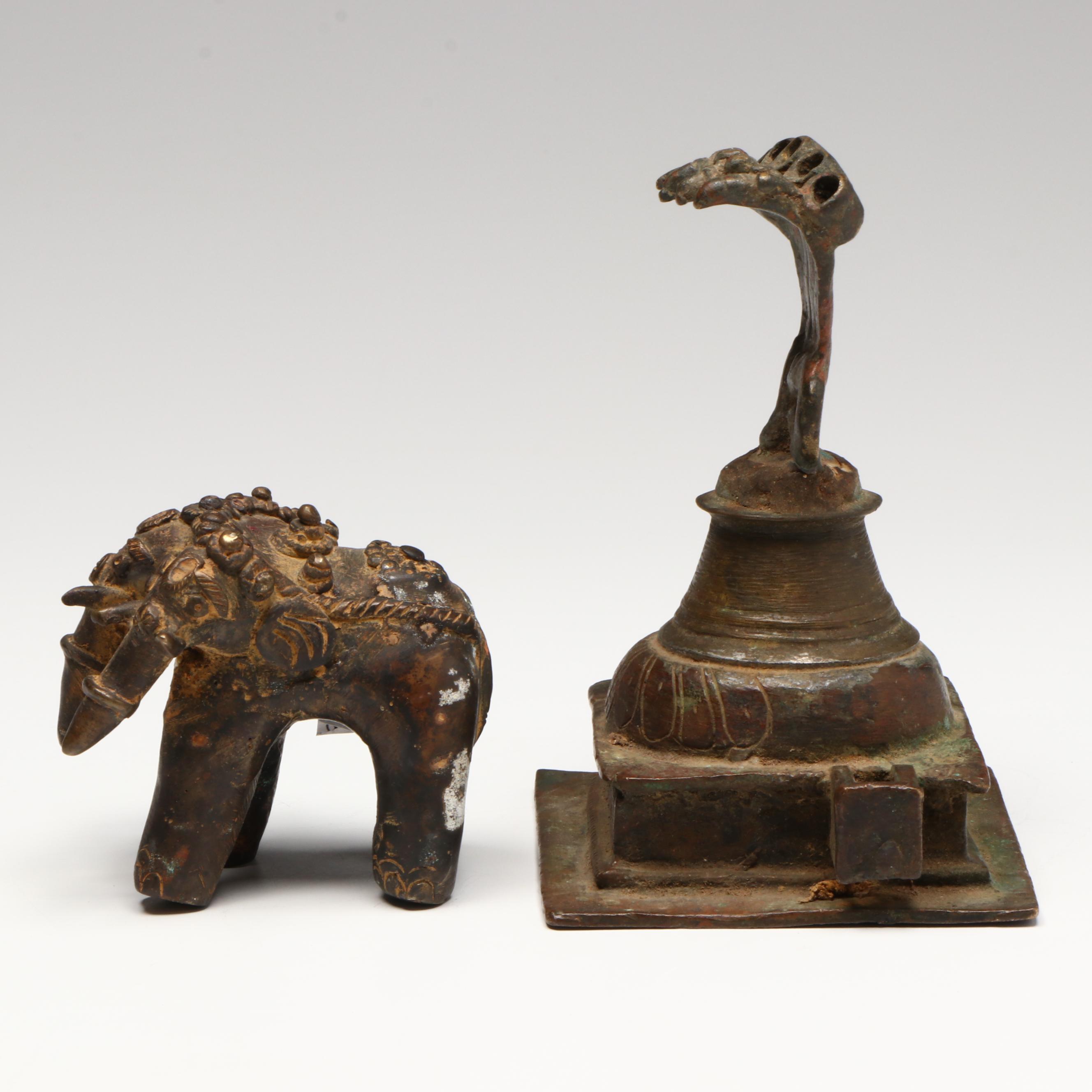 Indian Bronze Three Headed Elephant and Naga Altar, Circa 18th Century
