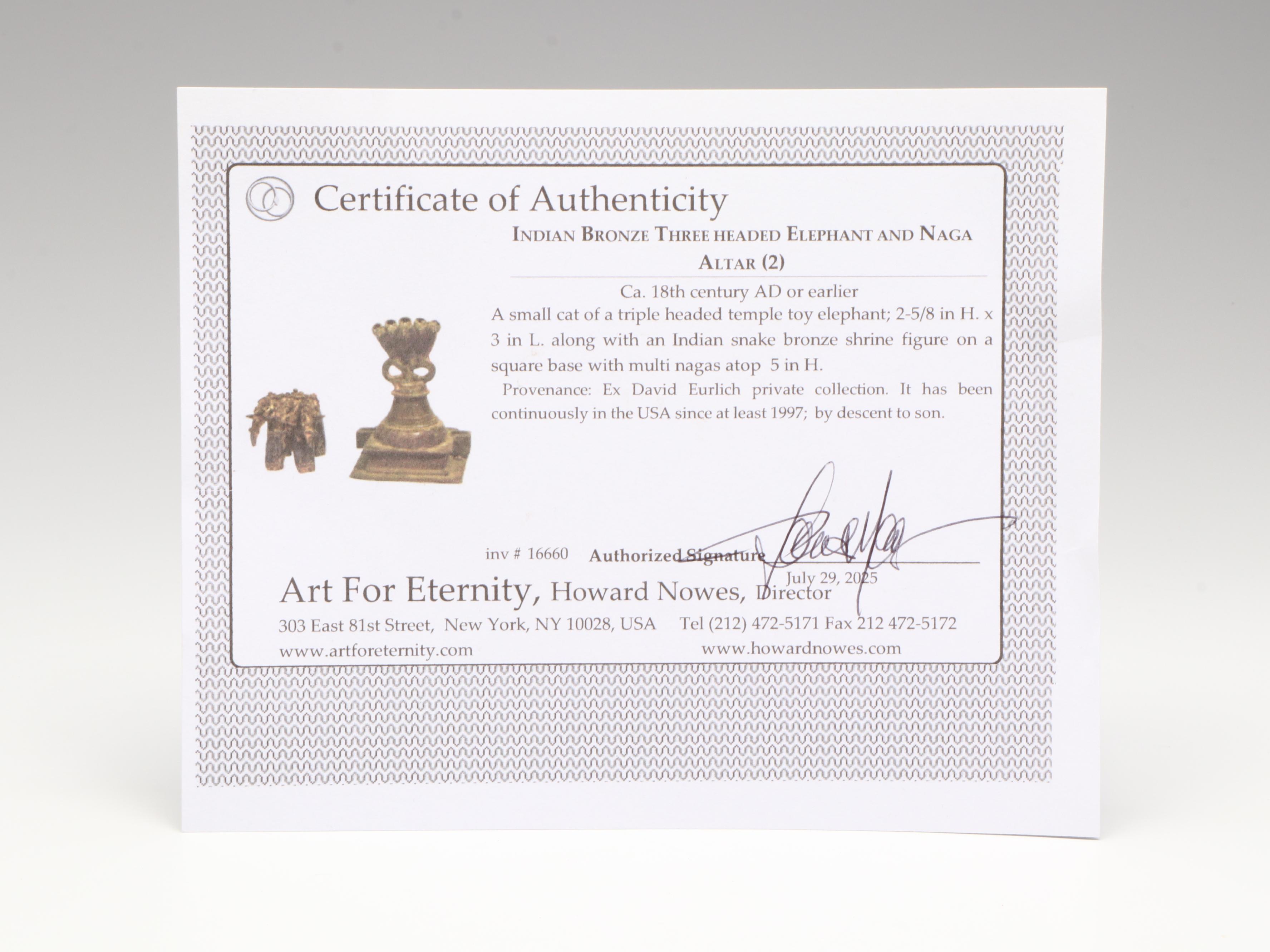 Indian Bronze Three Headed Elephant and Naga Altar, Circa 18th Century