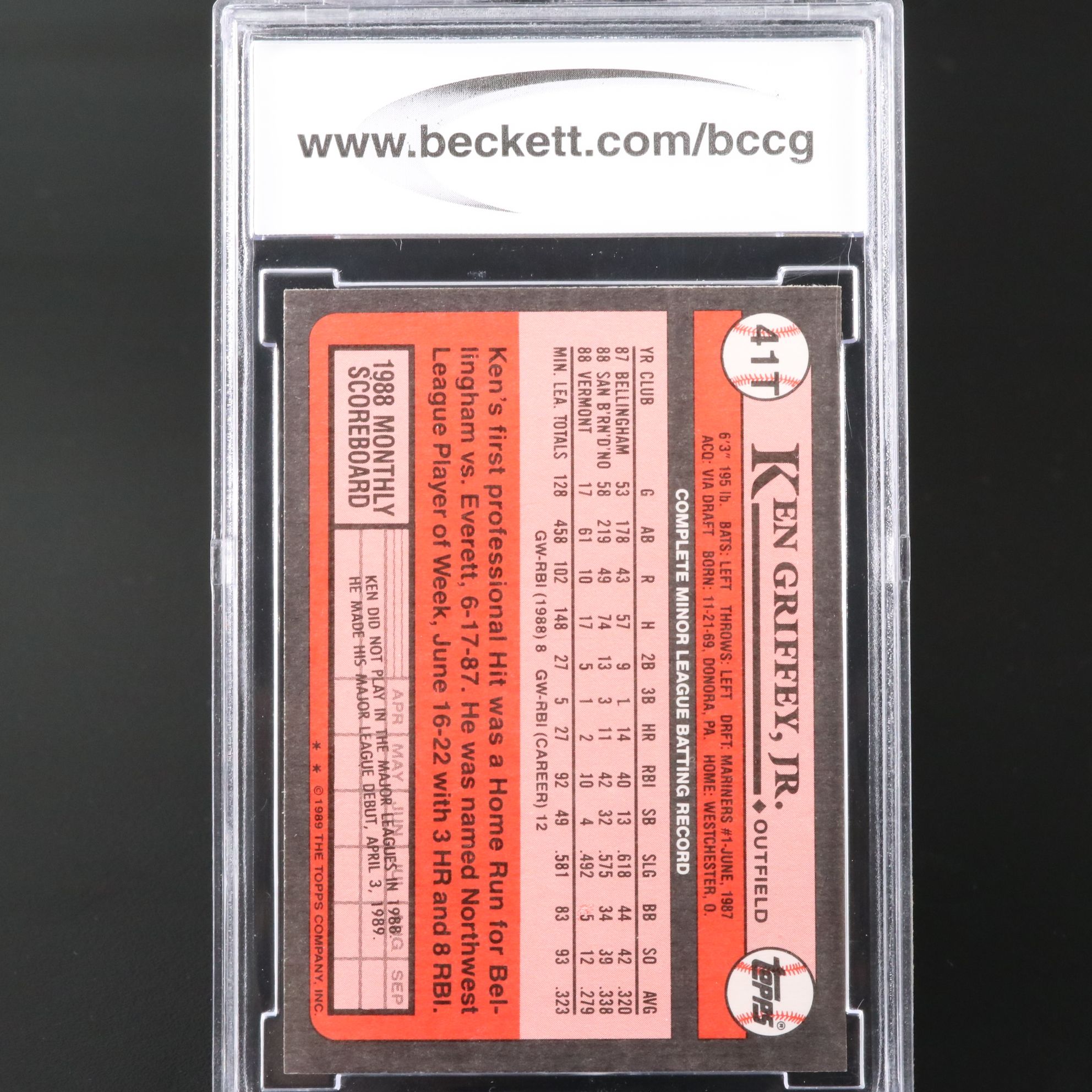 1989 Topps Traded Ken Griffey Jr. Seattle Mariners Rookie Card Graded BCCG 10