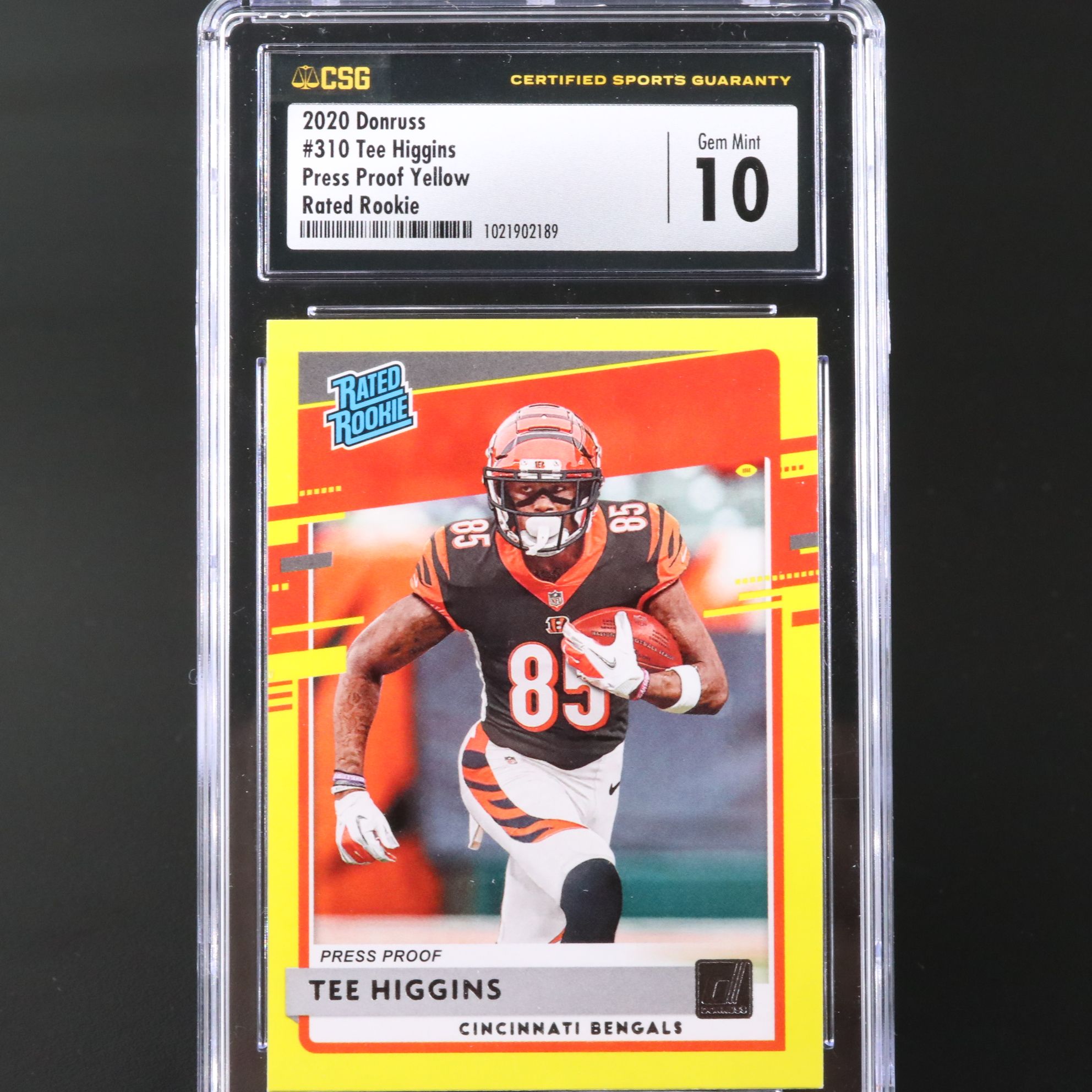 2020 Donruss Tee Higgins Press Proof Yellow Rated Rookie Card Graded CSG 10