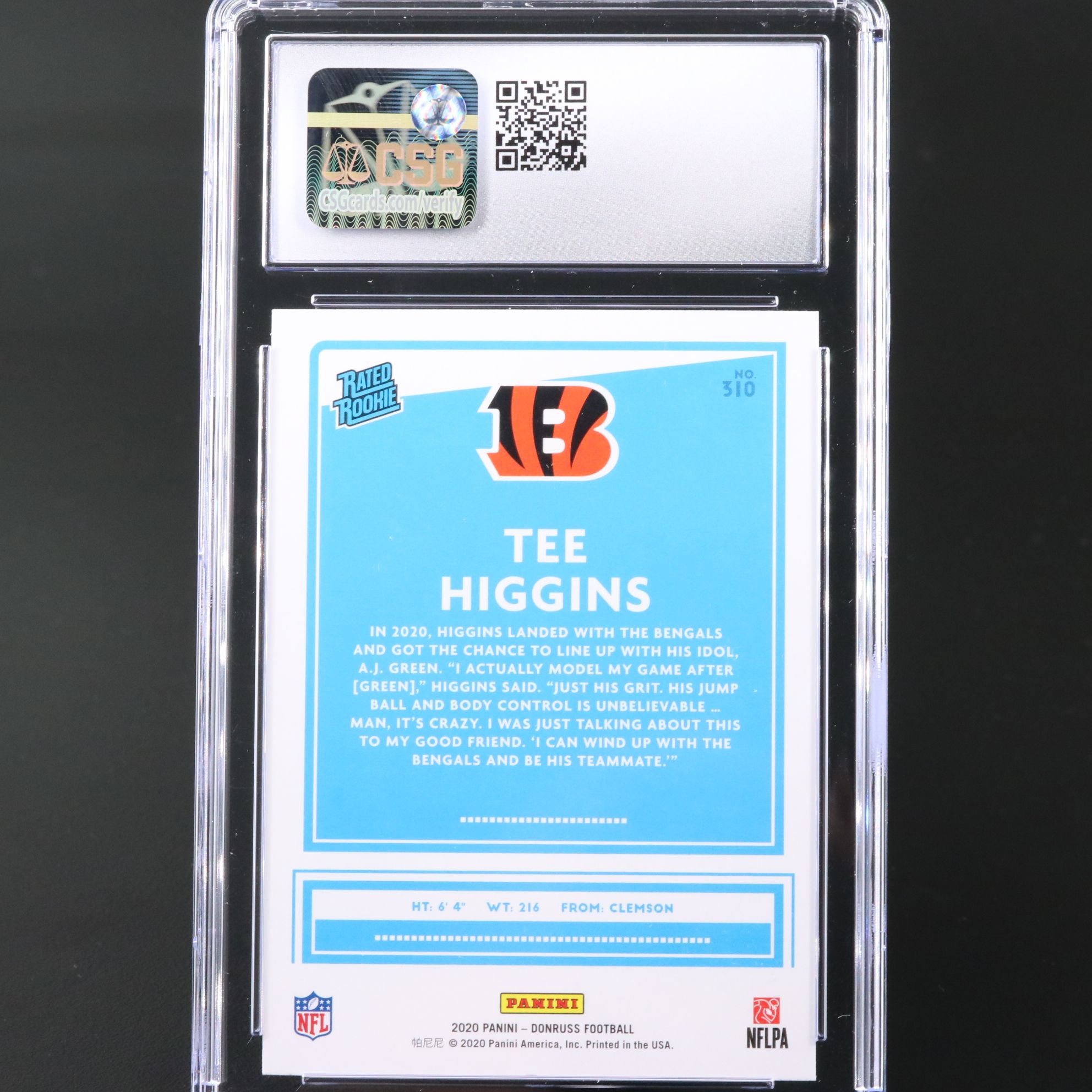 2020 Donruss Tee Higgins Press Proof Yellow Rated Rookie Card Graded CSG 10