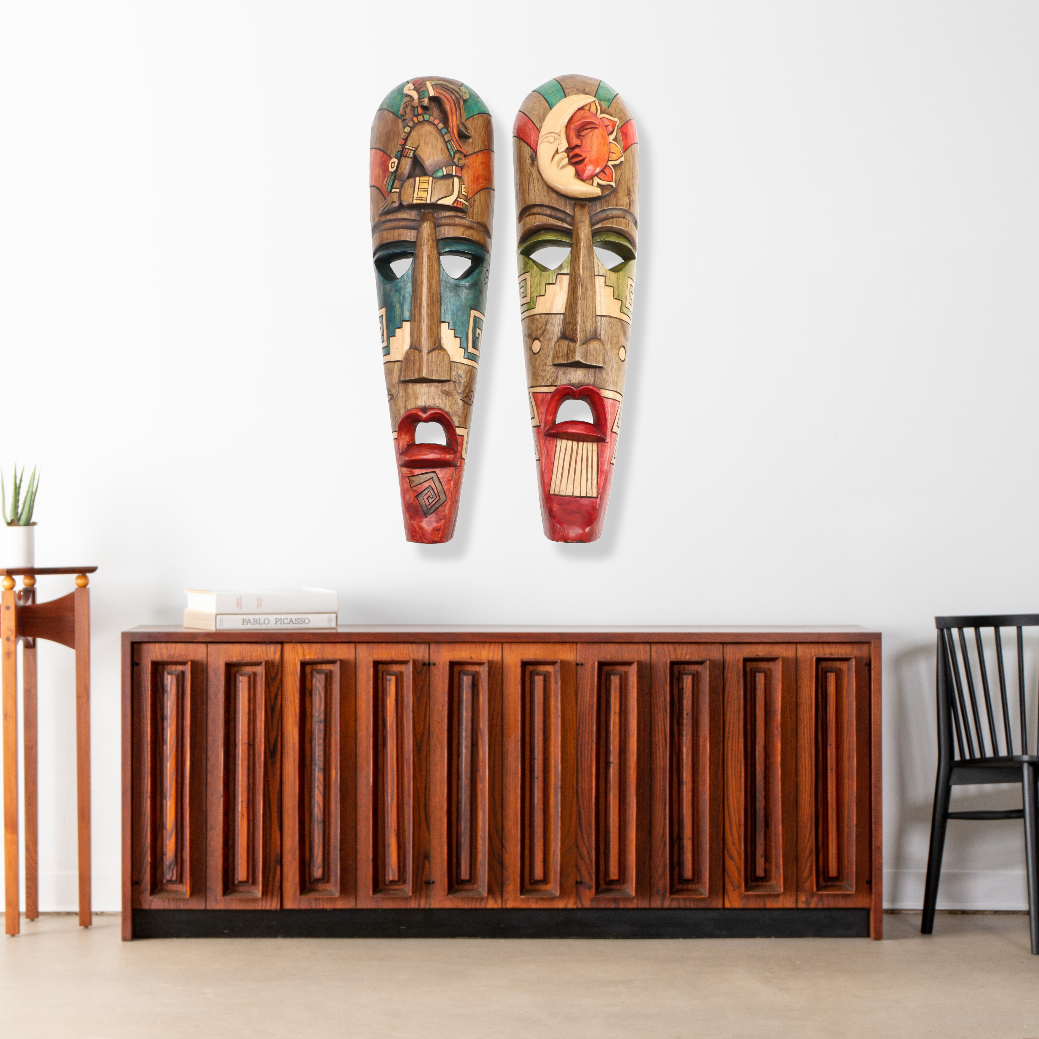 48" Mayan Theme Hand-Carved Polychrome Wood Souvenir Masks