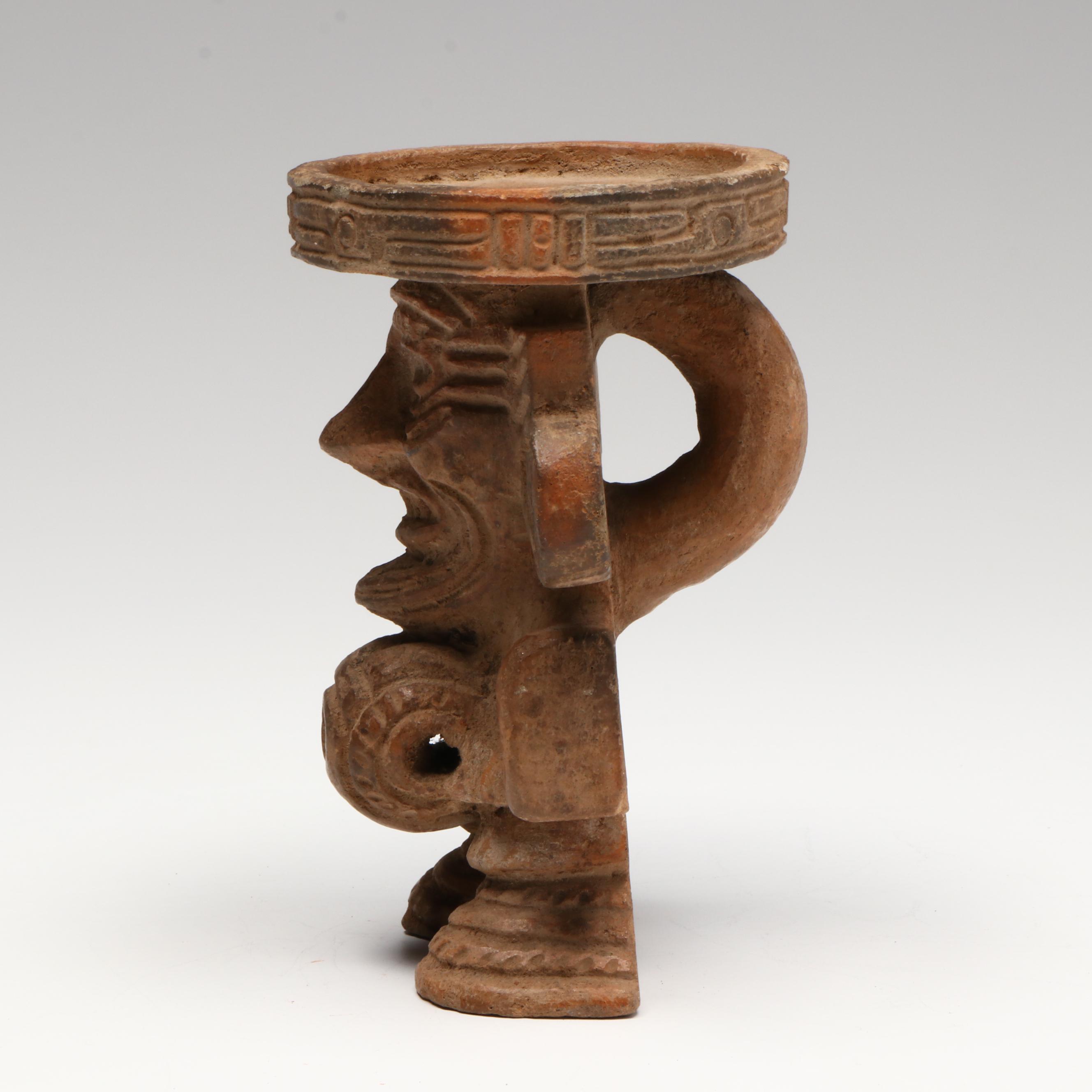 Pre-Columbian Aztec Ceramic Quetzalcoatl Deity Urn, Circa 1100–1450 CE