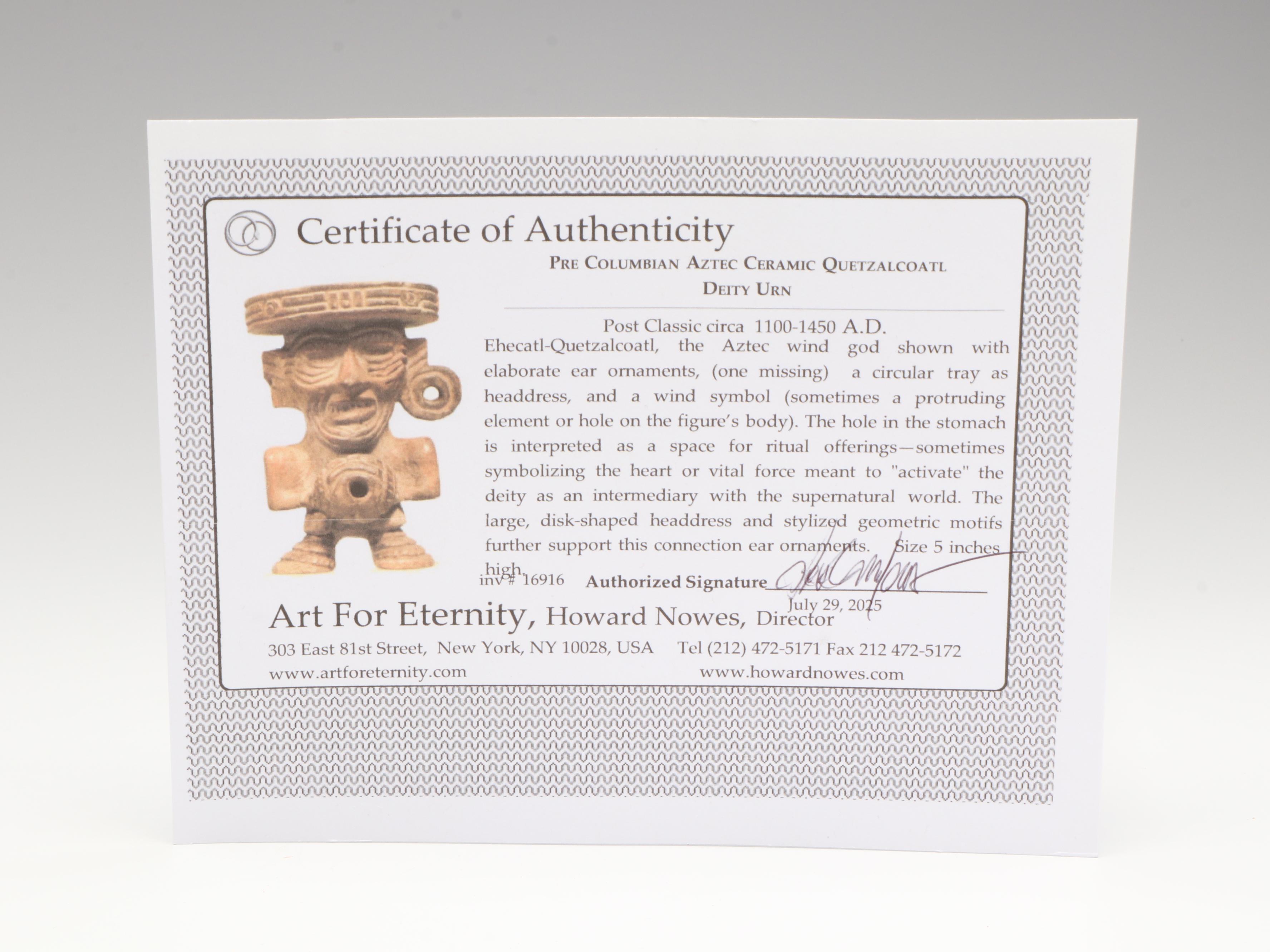 Pre-Columbian Aztec Ceramic Quetzalcoatl Deity Urn, Circa 1100–1450 CE