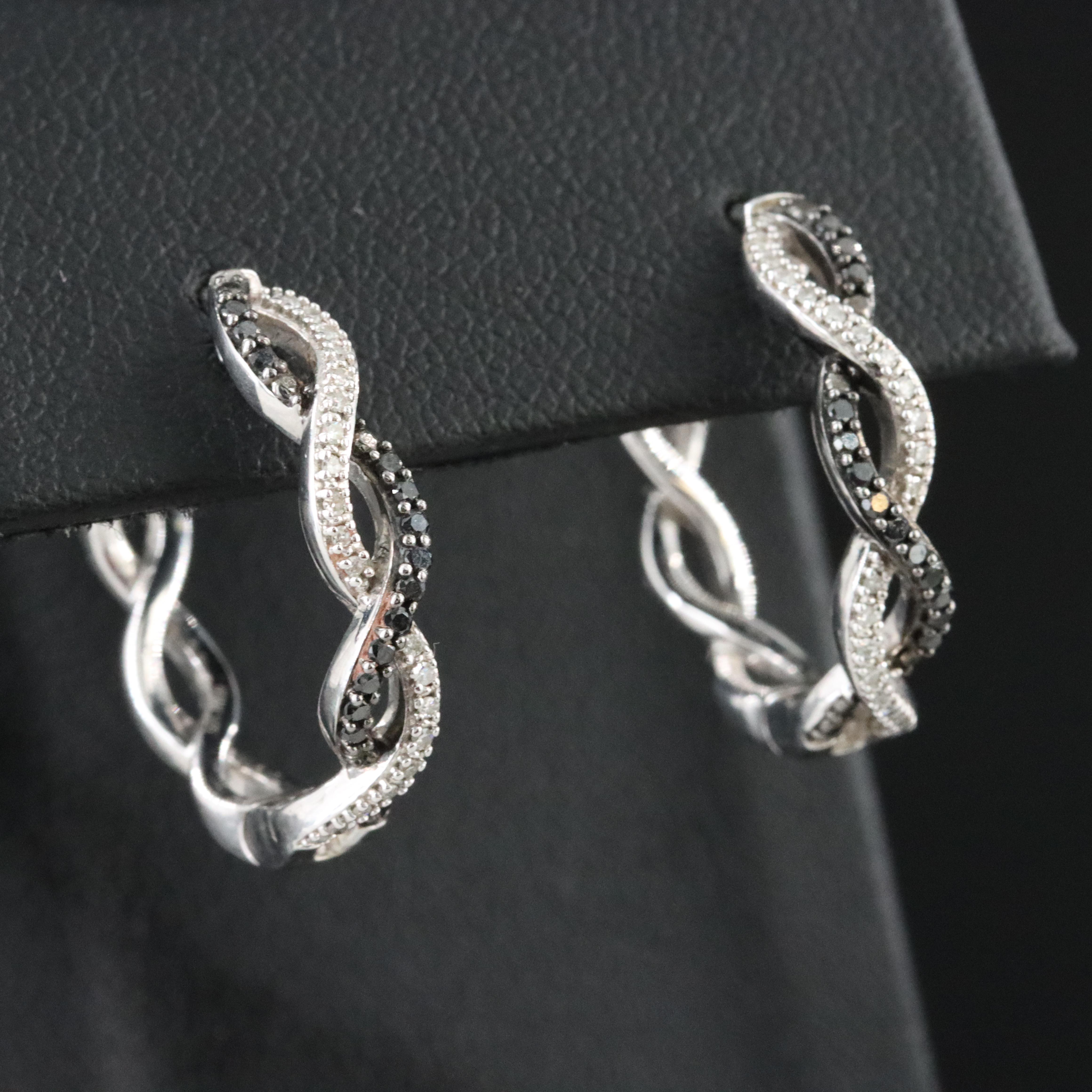 Sterling Diamond Twist Hoop Earrings with Fancy Black Diamonds