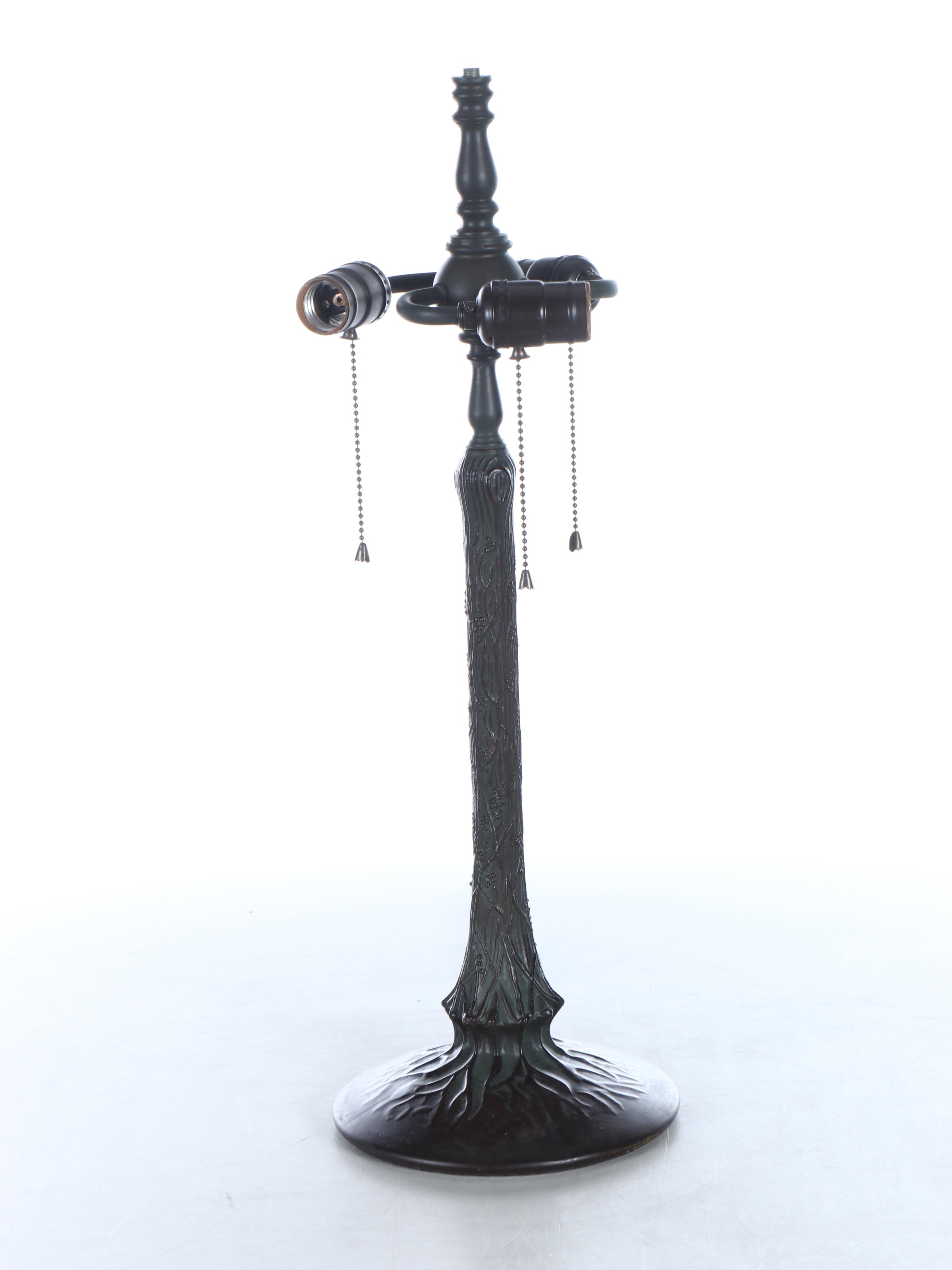 Art Nouveau Style Faux Bois Table Lamp with Peacock Feather Slag Glass Shade