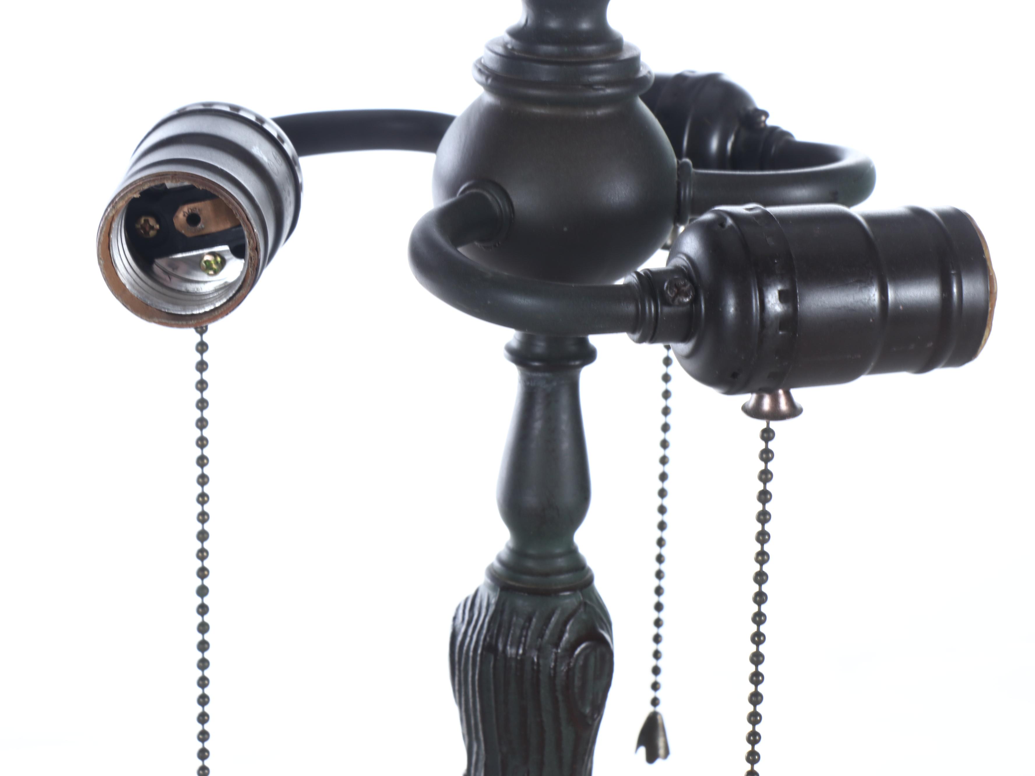 Art Nouveau Style Faux Bois Table Lamp with Peacock Feather Slag Glass Shade