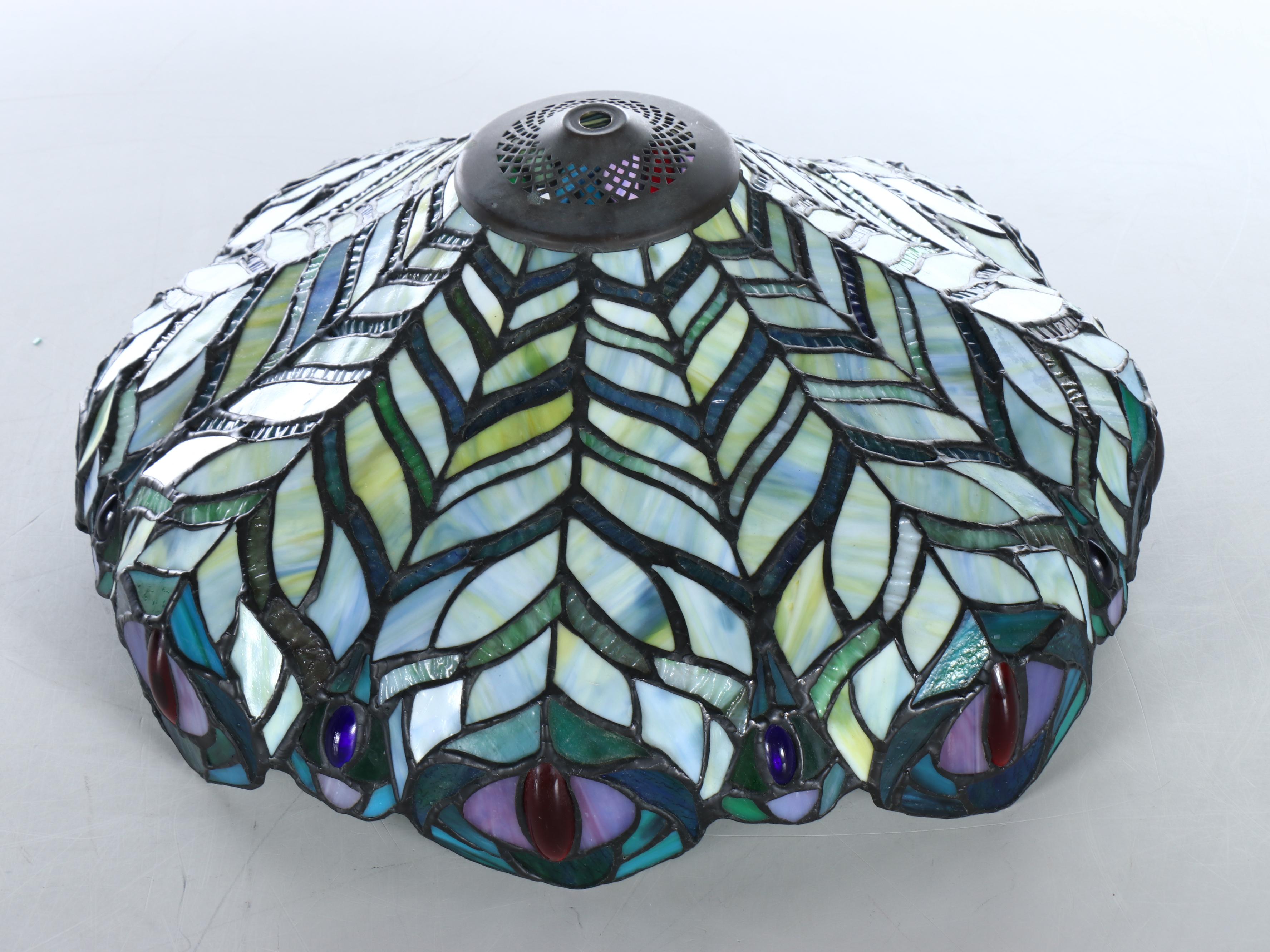 Art Nouveau Style Faux Bois Table Lamp with Peacock Feather Slag Glass Shade