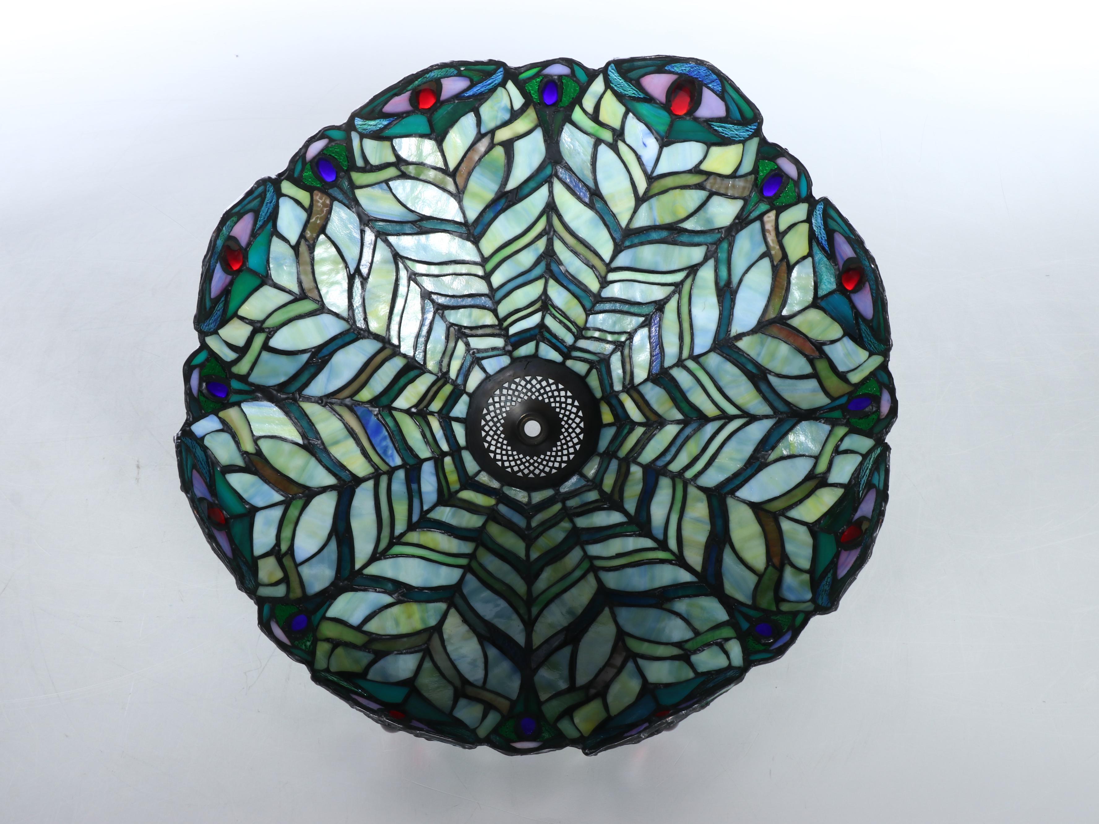 Art Nouveau Style Faux Bois Table Lamp with Peacock Feather Slag Glass Shade