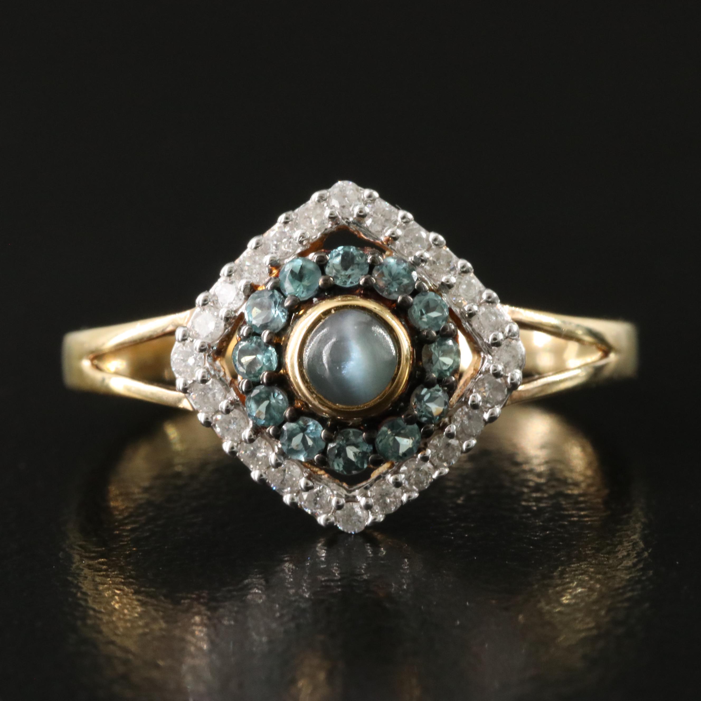 Sterling Cat's Eye Alexandrite, Diamond and Alexandrite Ring
