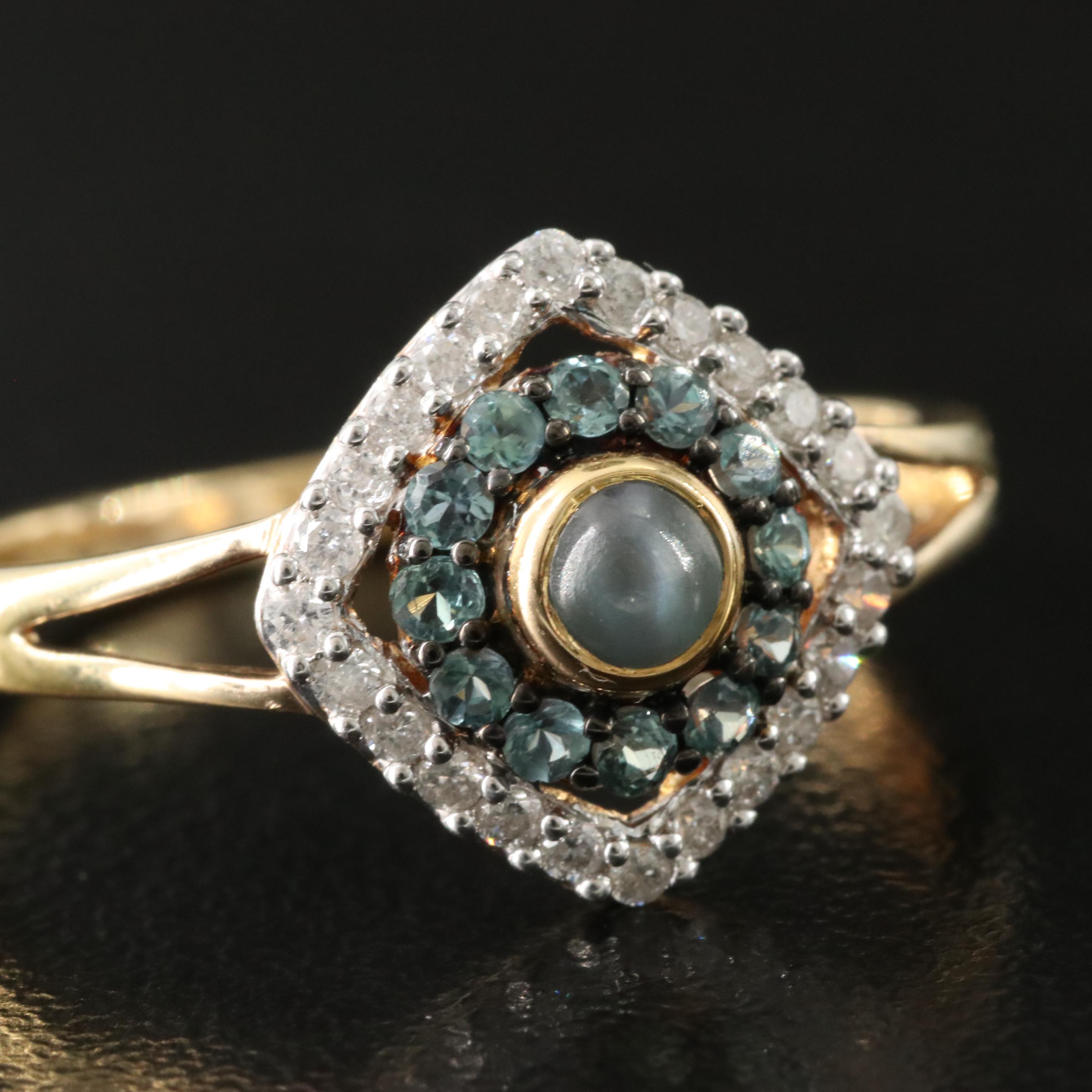 Sterling Cat's Eye Alexandrite, Diamond and Alexandrite Ring