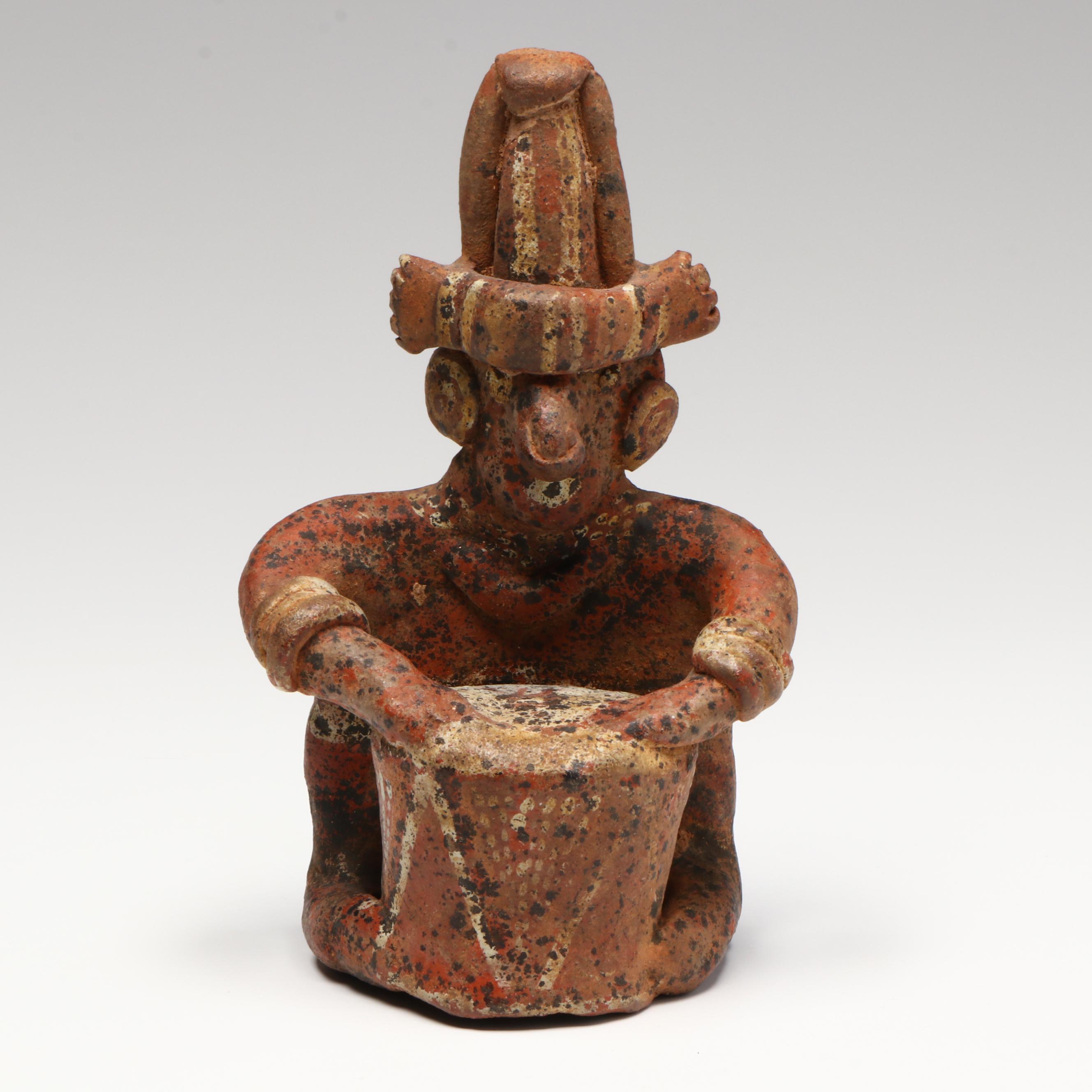 Pre-Columbian Nayarit Polychrome Seated Drummer, Circa 200 BCE–200 CE