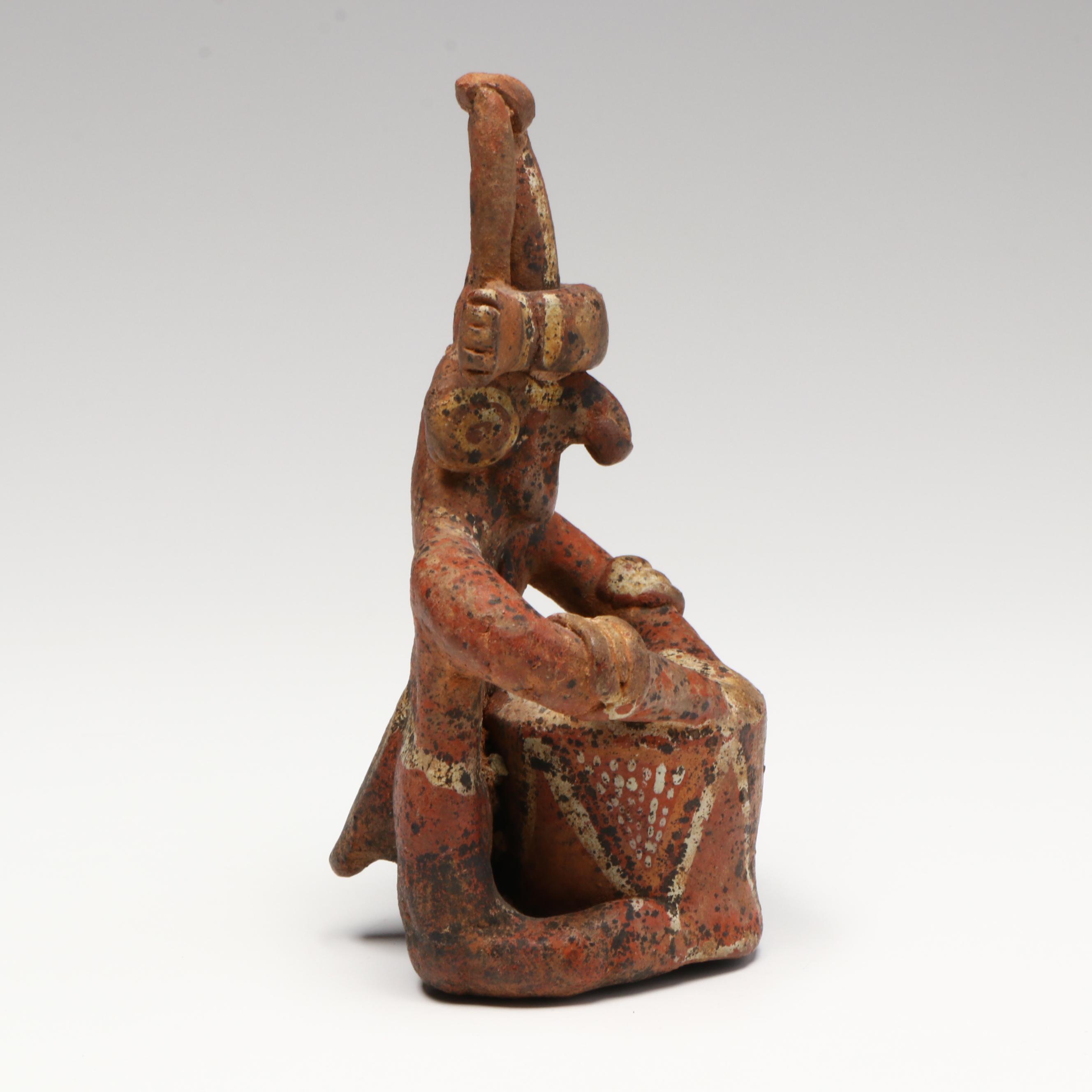 Pre-Columbian Nayarit Polychrome Seated Drummer, Circa 200 BCE–200 CE
