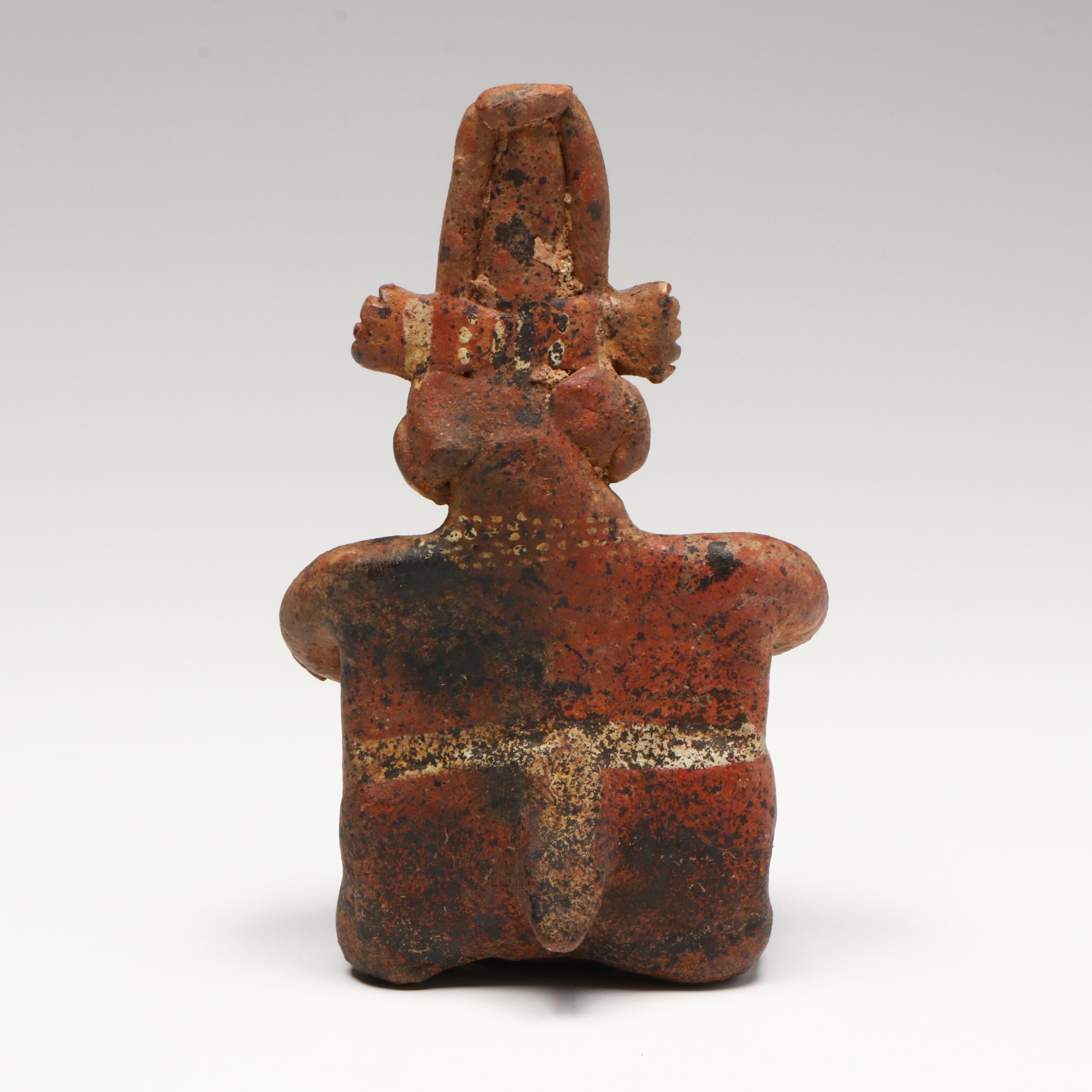 Pre-Columbian Nayarit Polychrome Seated Drummer, Circa 200 BCE–200 CE