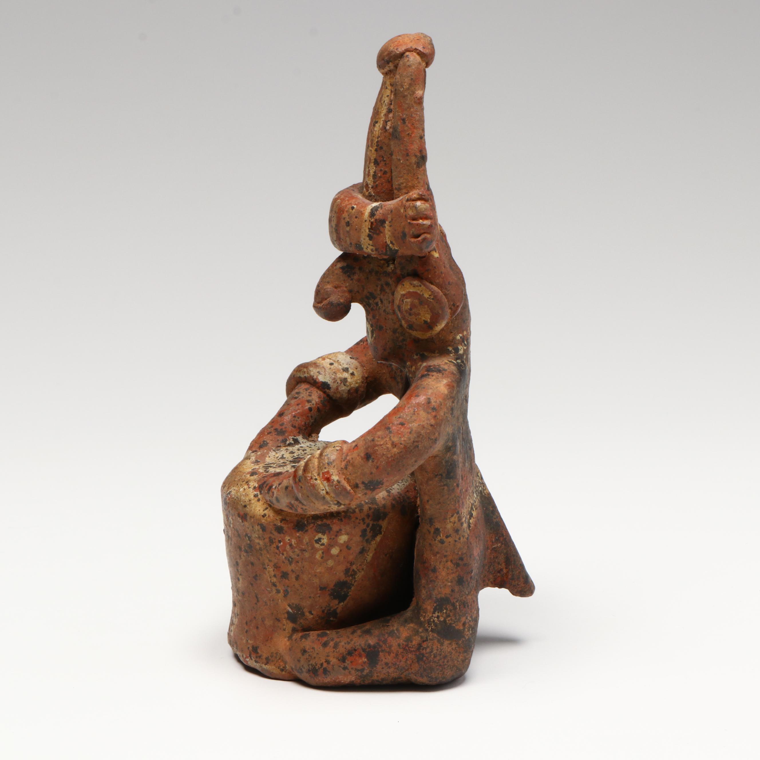 Pre-Columbian Nayarit Polychrome Seated Drummer, Circa 200 BCE–200 CE