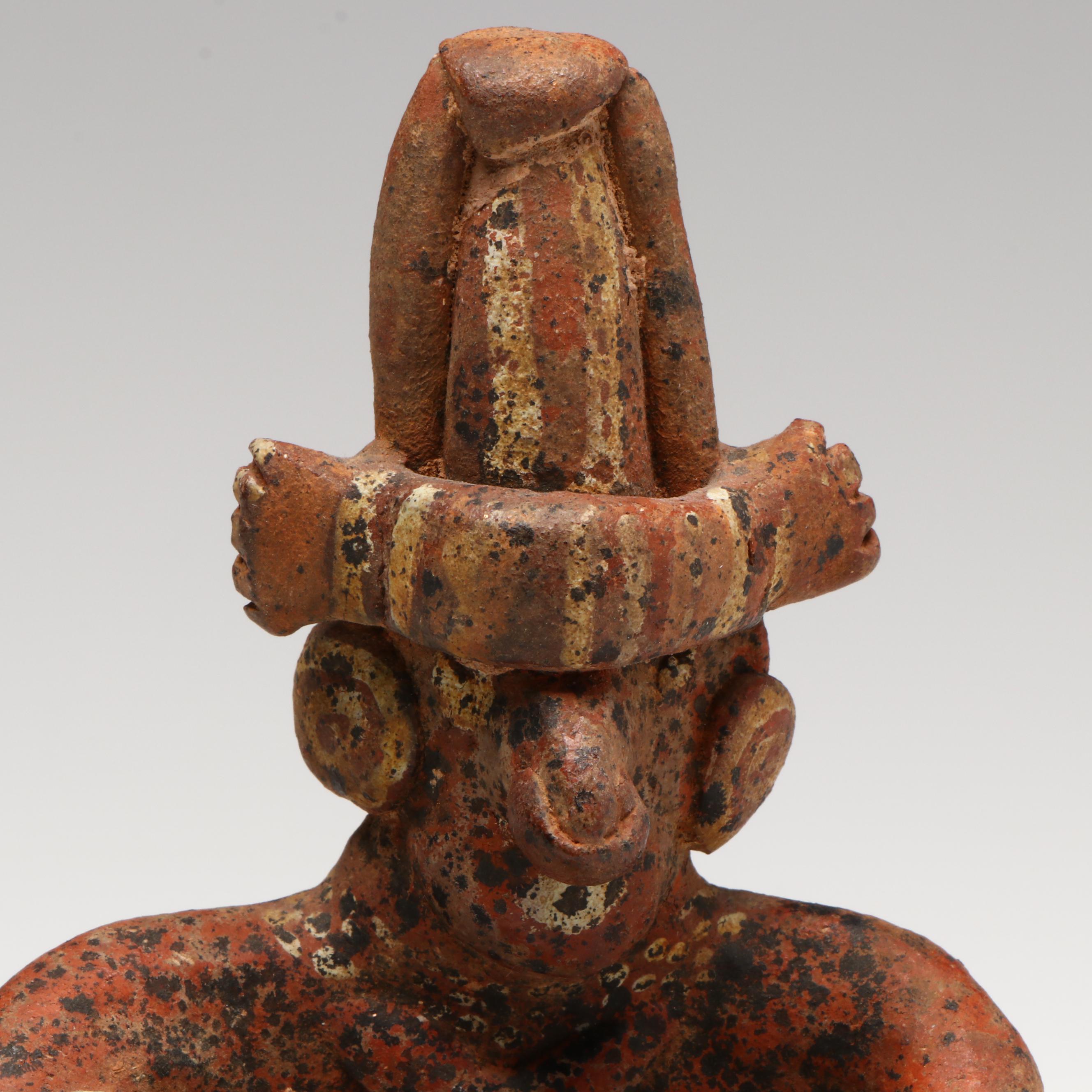 Pre-Columbian Nayarit Polychrome Seated Drummer, Circa 200 BCE–200 CE