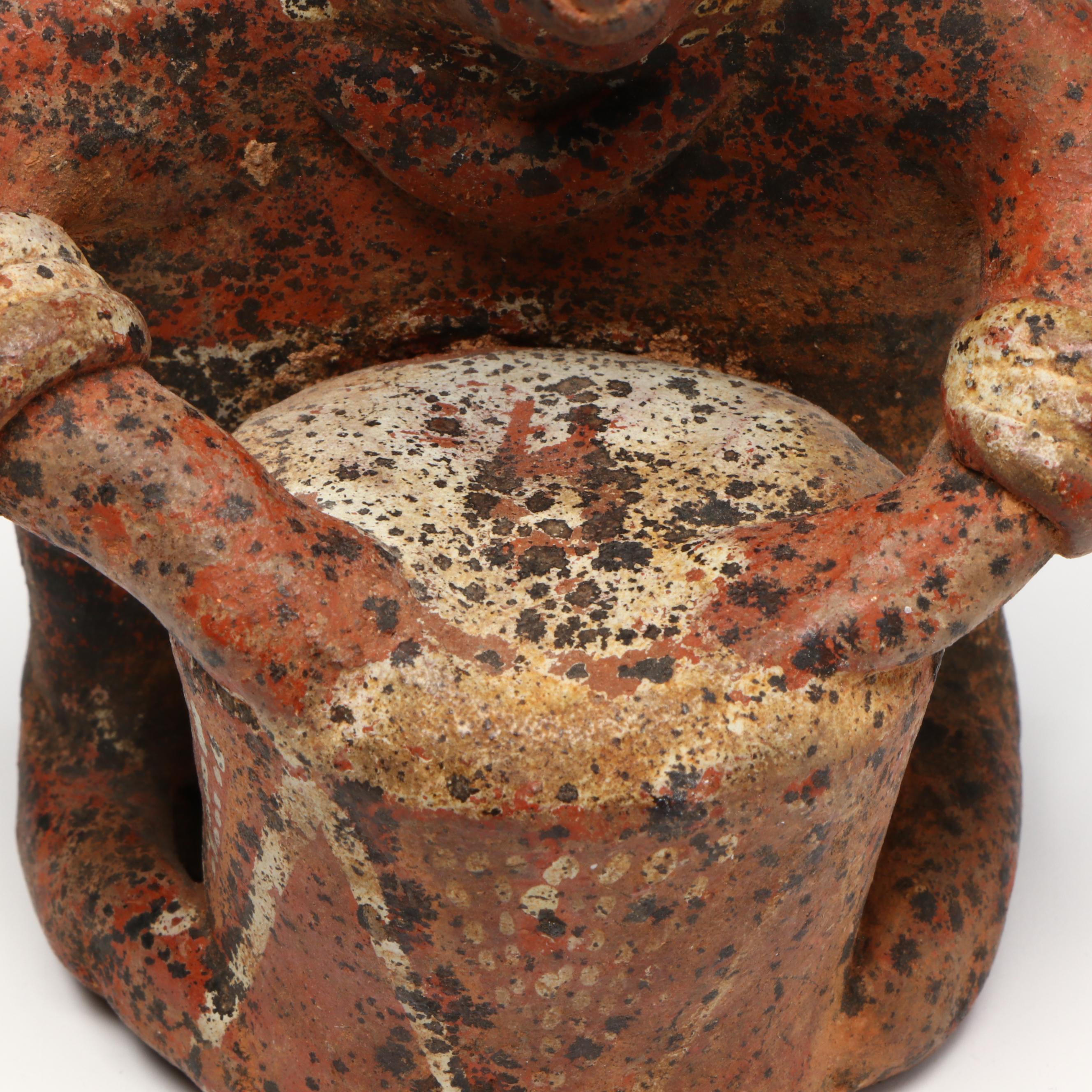 Pre-Columbian Nayarit Polychrome Seated Drummer, Circa 200 BCE–200 CE