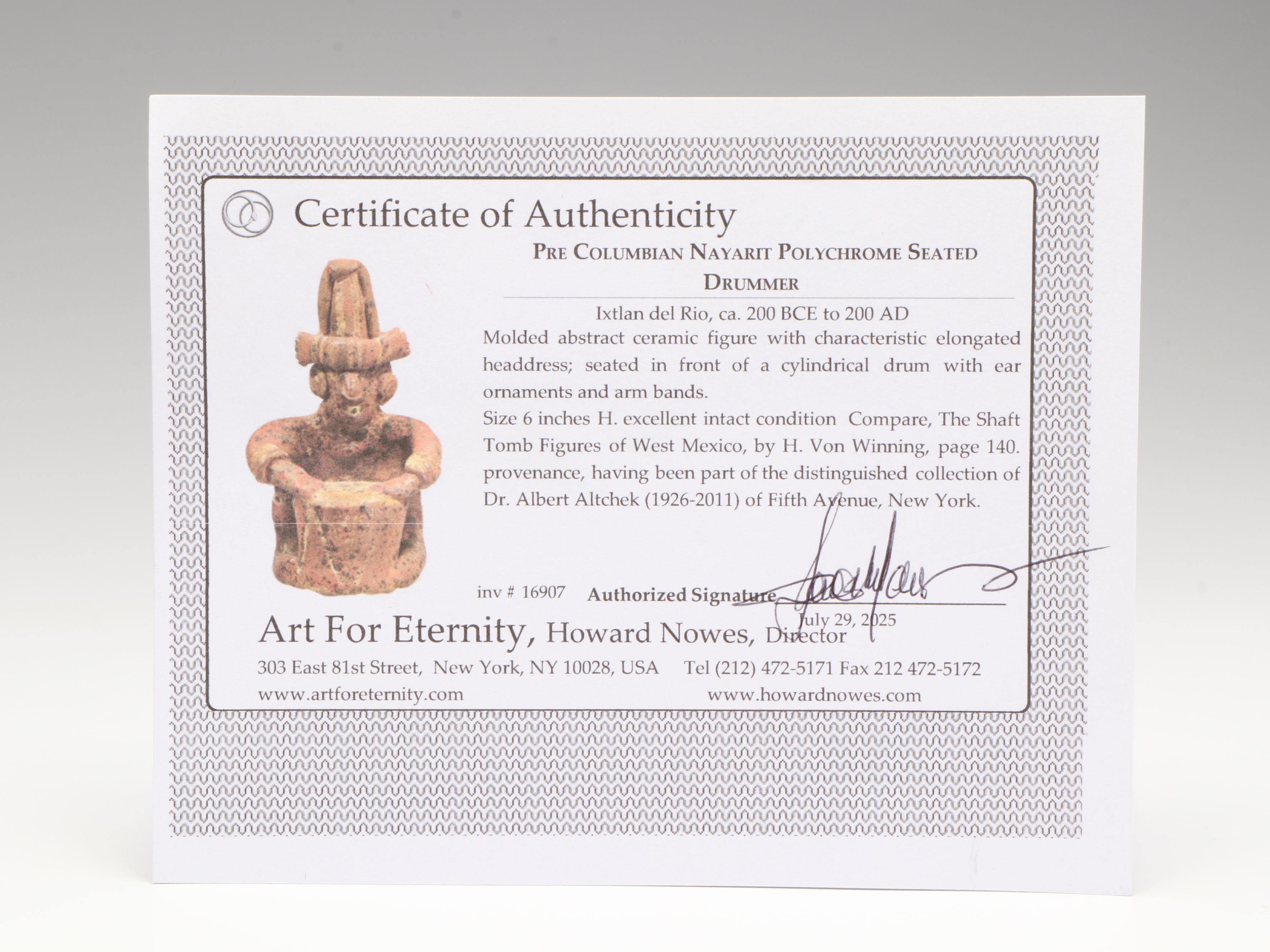 Pre-Columbian Nayarit Polychrome Seated Drummer, Circa 200 BCE–200 CE