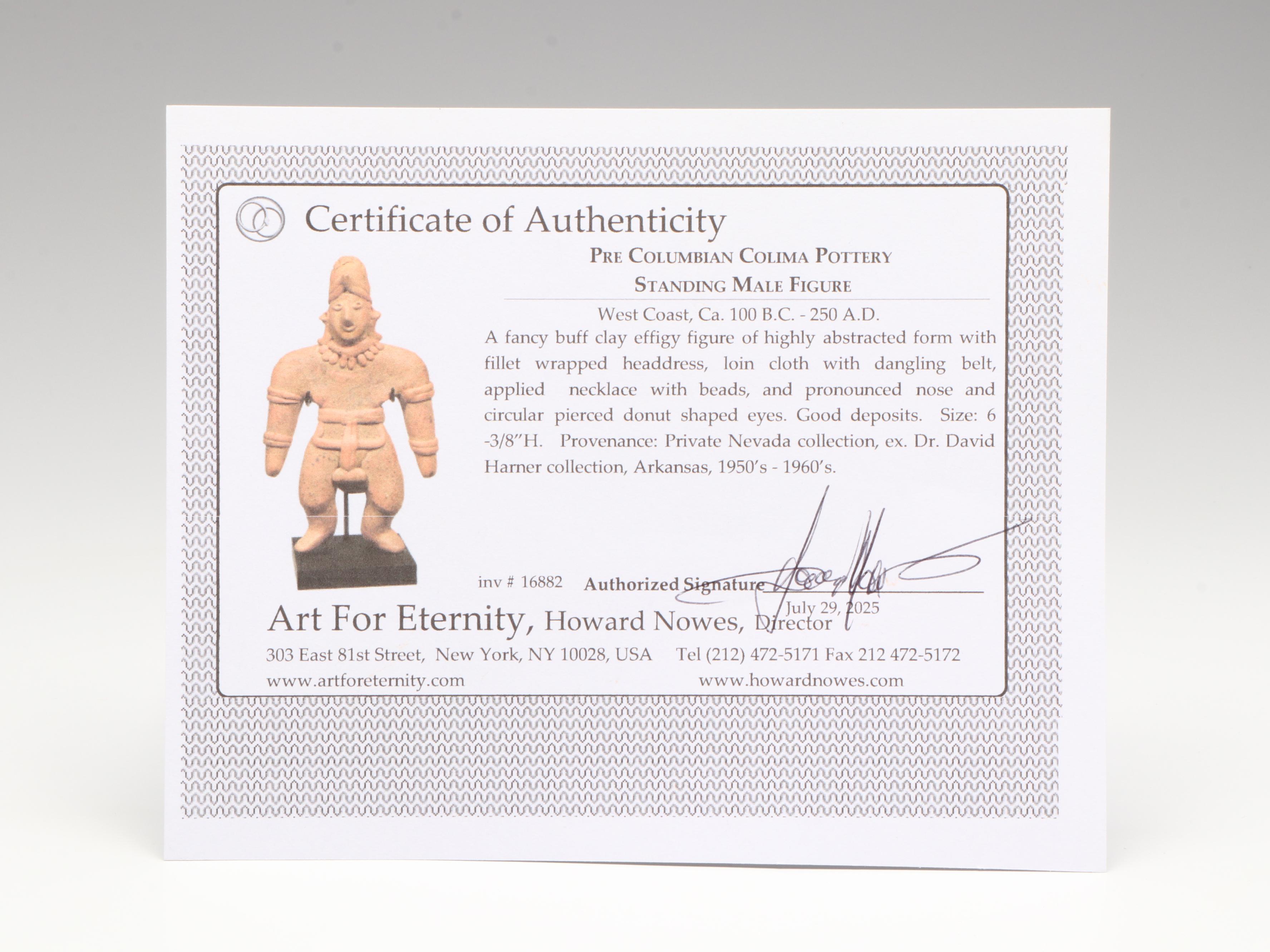 Pre-Columbian Colima Pottery Standing Male Figure, Circa 100 BCE–250 CE