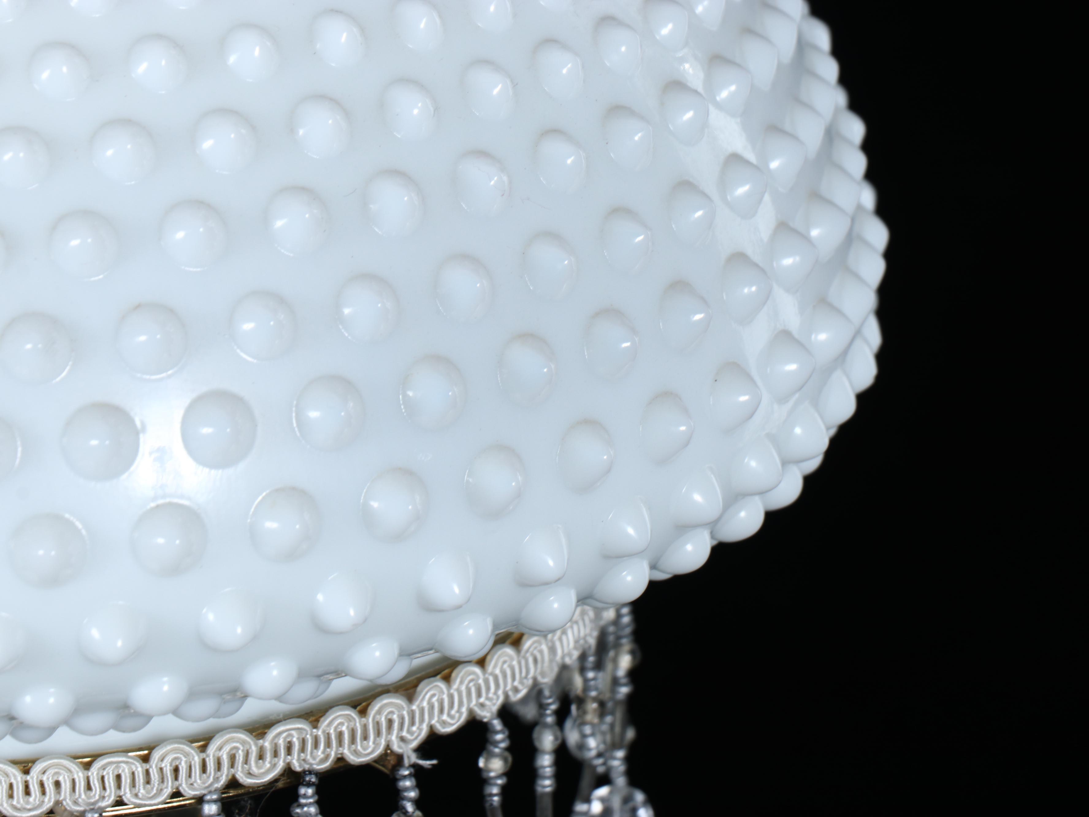 Victorian Style Hobnail Milk Glass Table Lamp with Brass Base and Beaded Decals