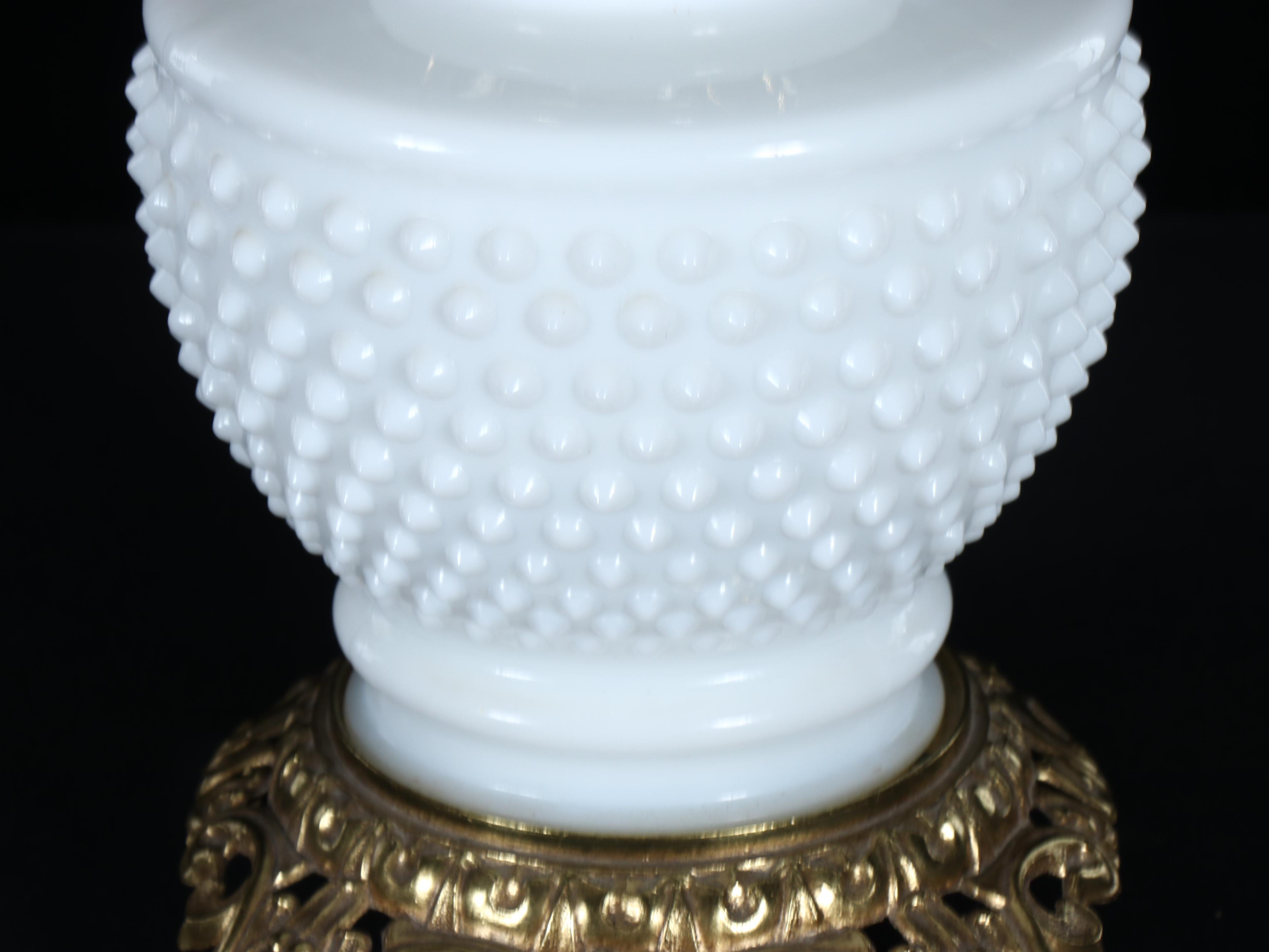 Victorian Style Hobnail Milk Glass Table Lamp with Brass Base and Beaded Decals