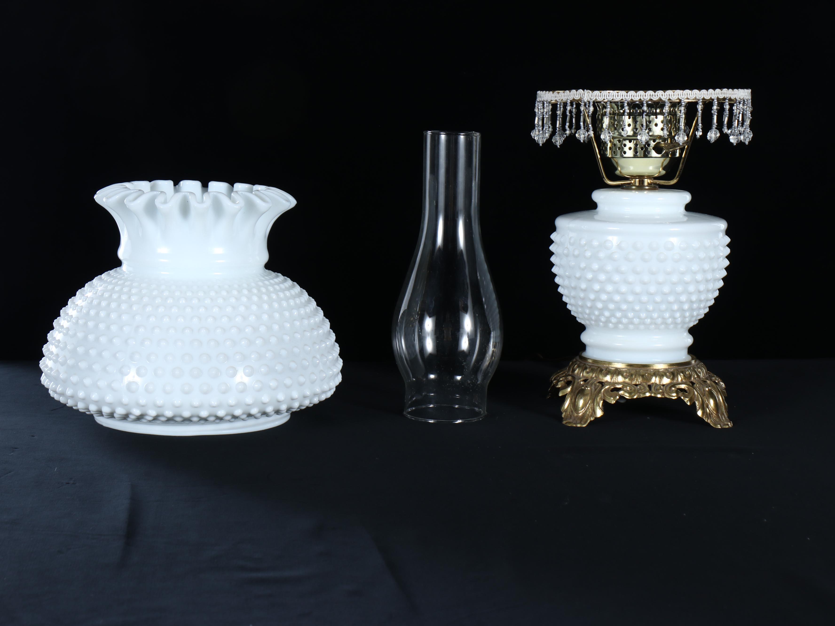 Victorian Style Hobnail Milk Glass Table Lamp with Brass Base and Beaded Decals